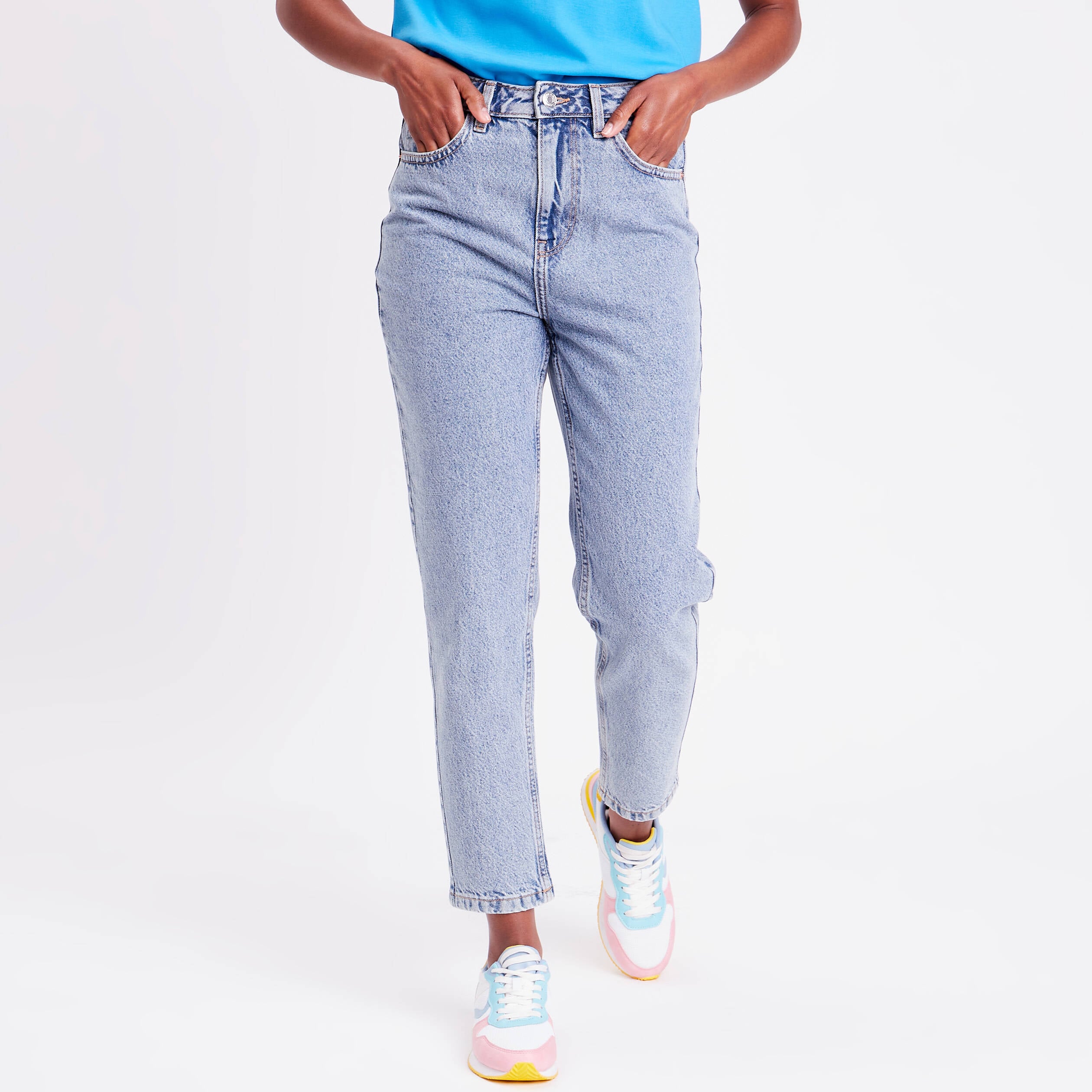 Jeans mom taille haute denim bleach femme