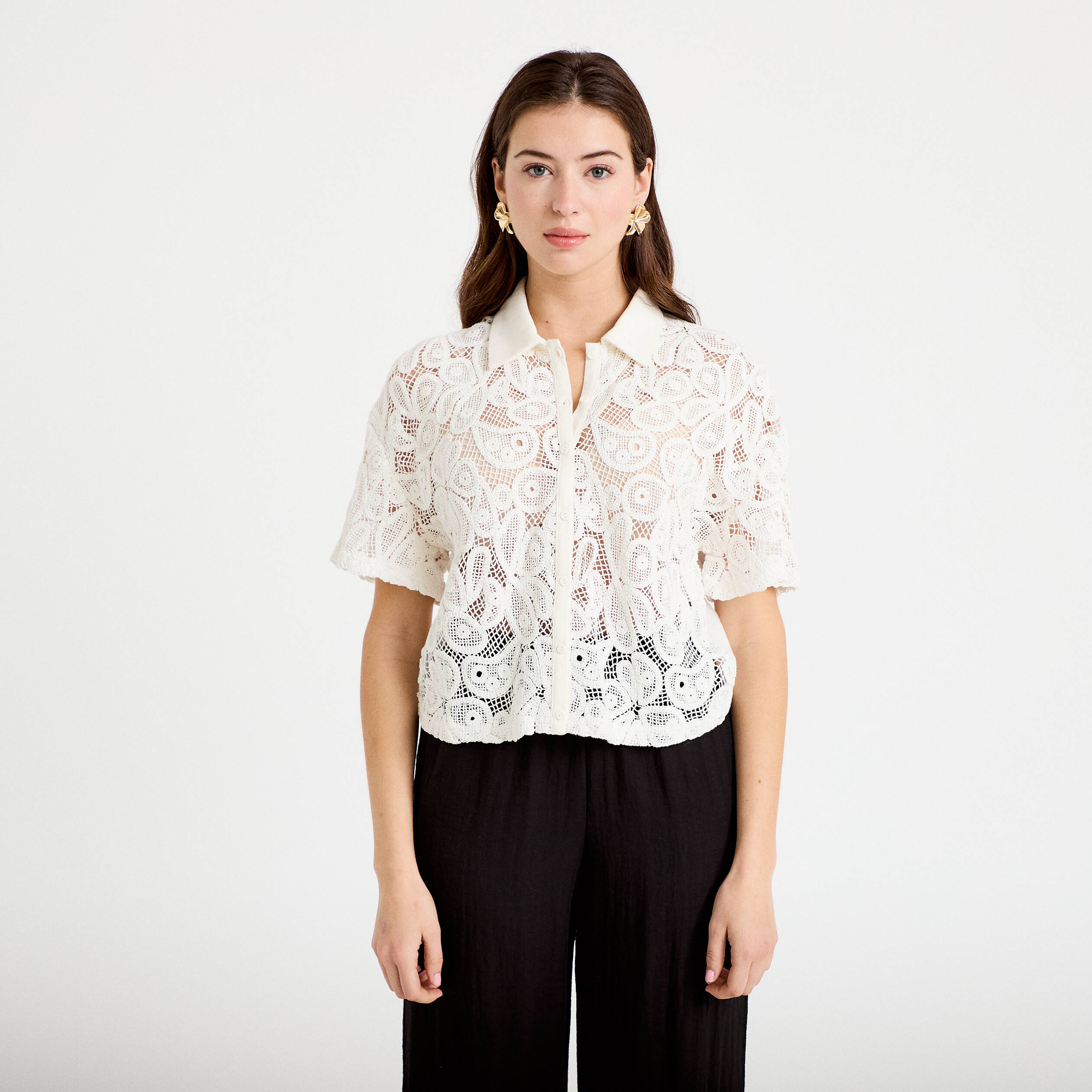 Chemise macram&eacute; manches courtes ecru femme