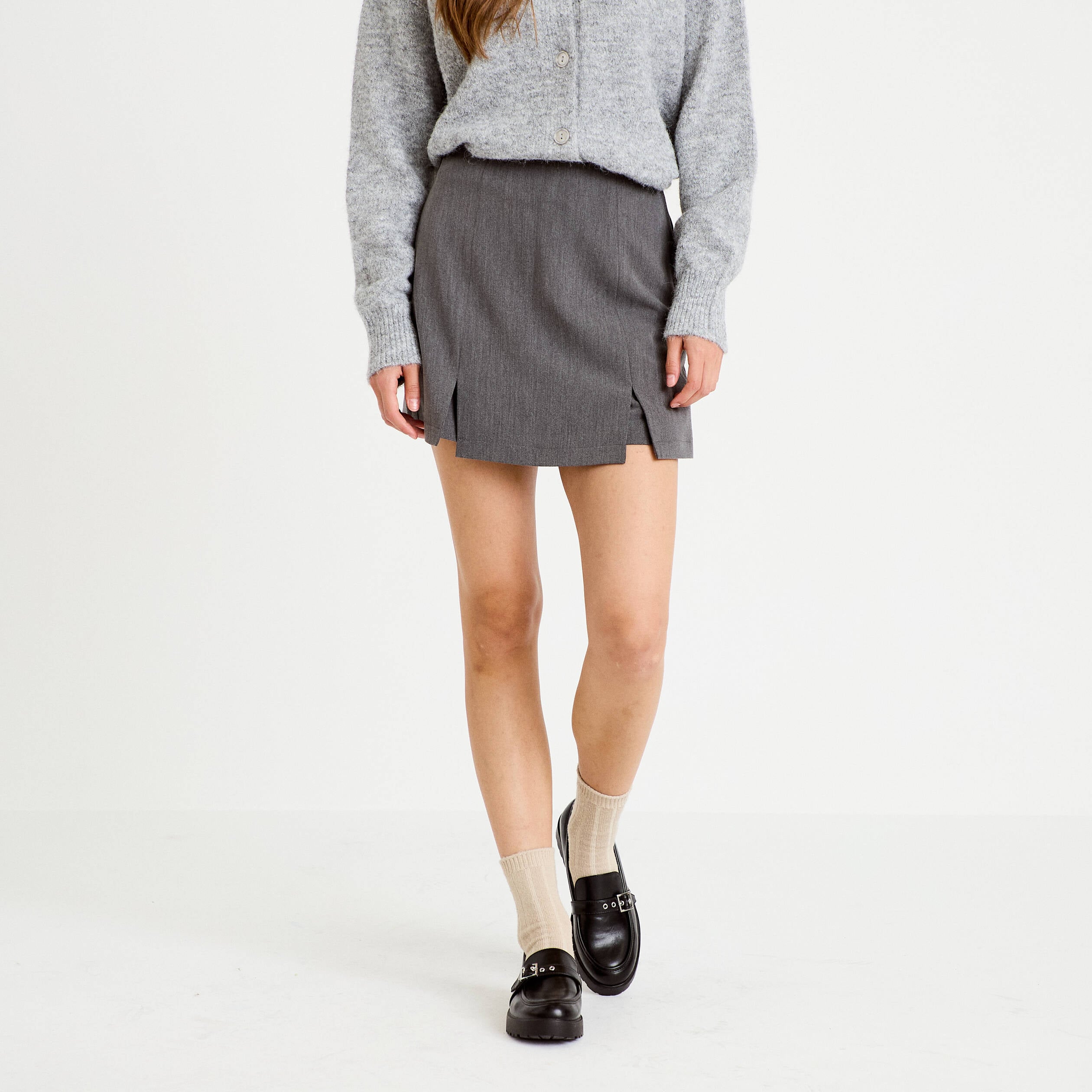 Jupe-short droite fentes gris clair femme