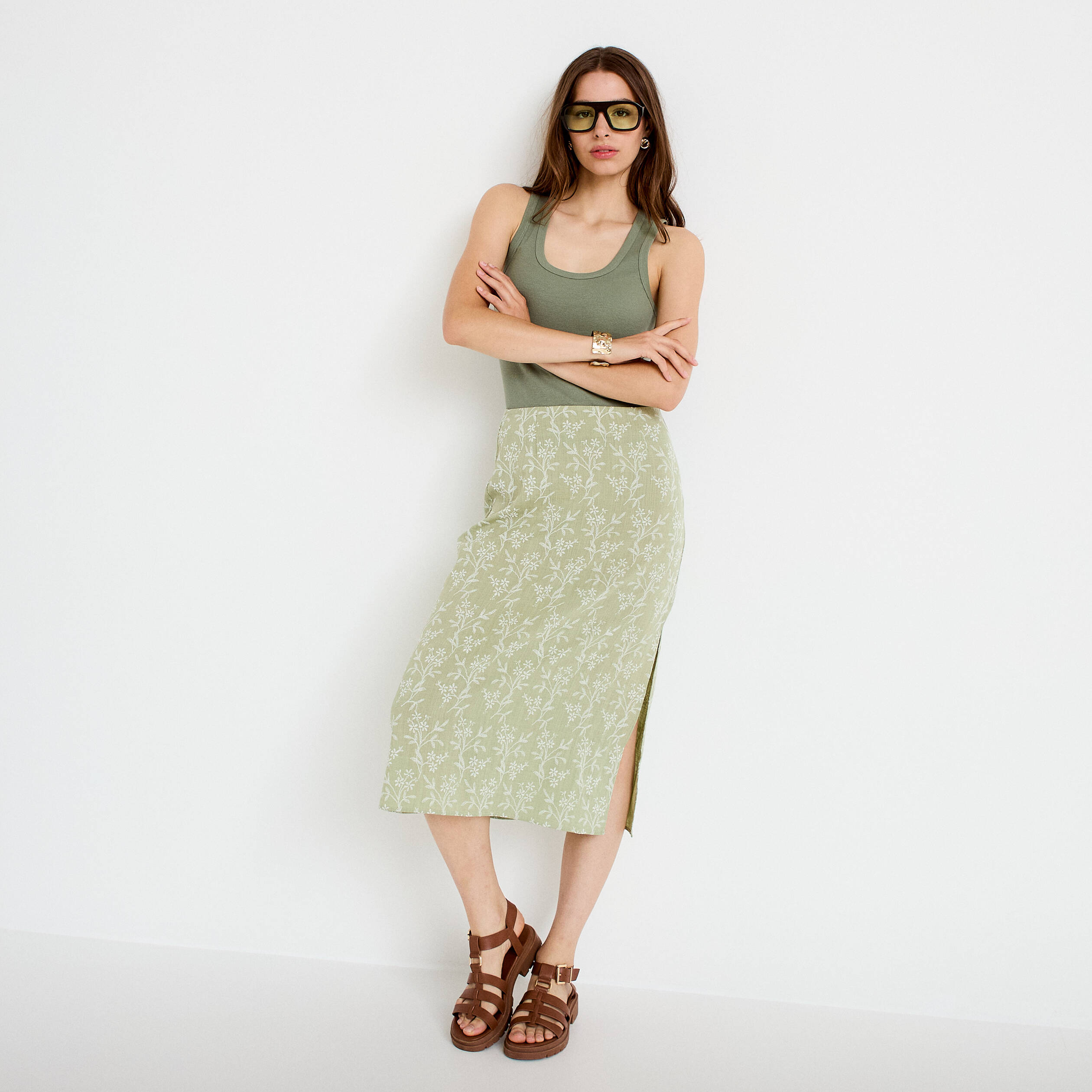 Jupe &eacute;vas&eacute;e longueur 3/4 vert femme