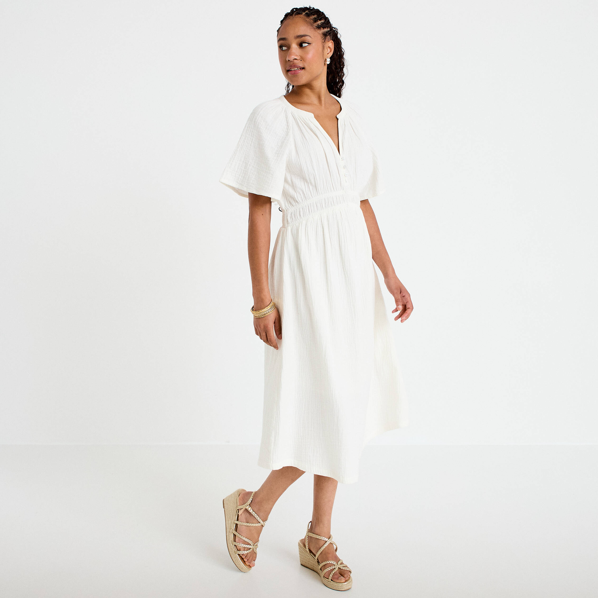 Robe midi pliss&eacute;e col v manches courtes blanc femme