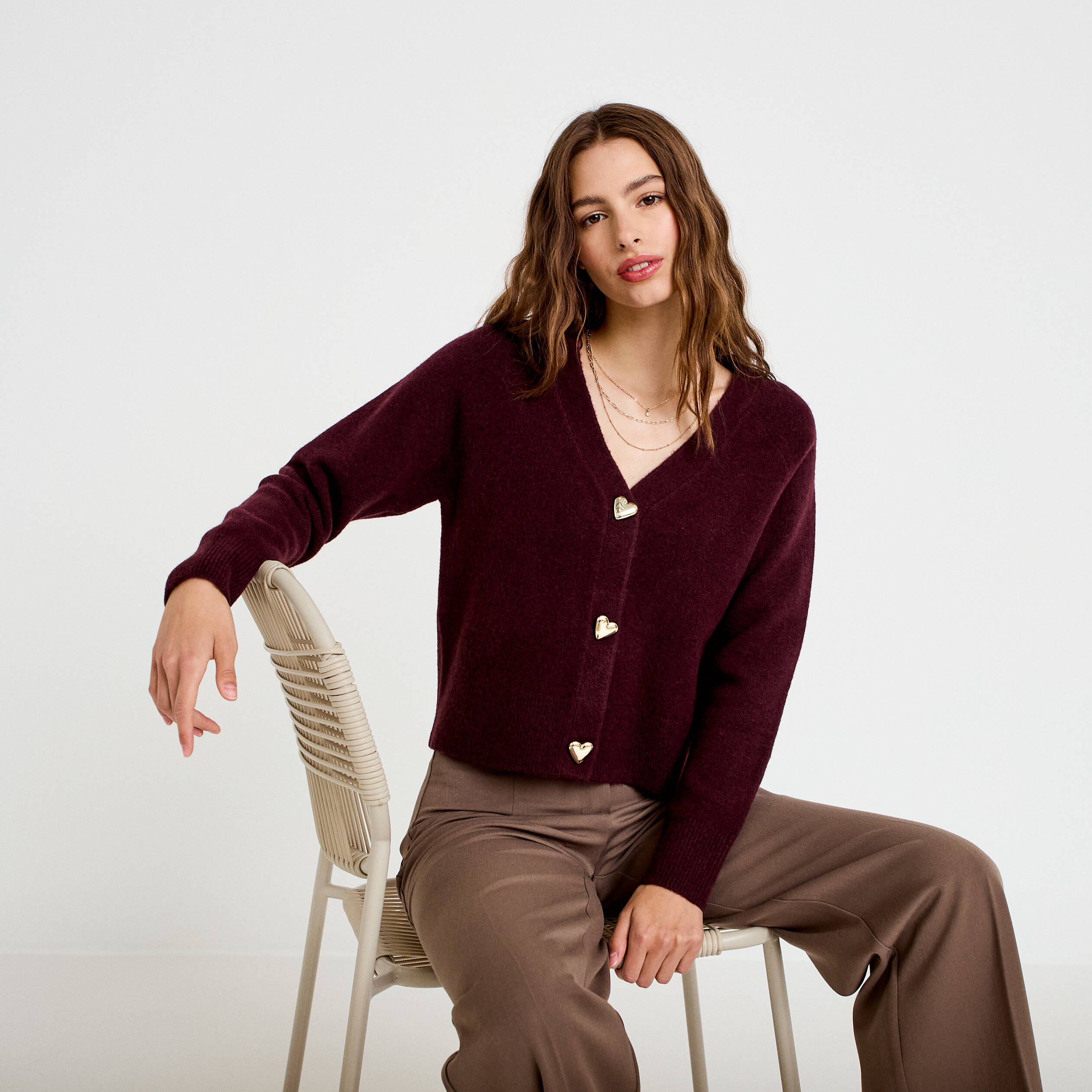 Gilet boutons coeur prune femme