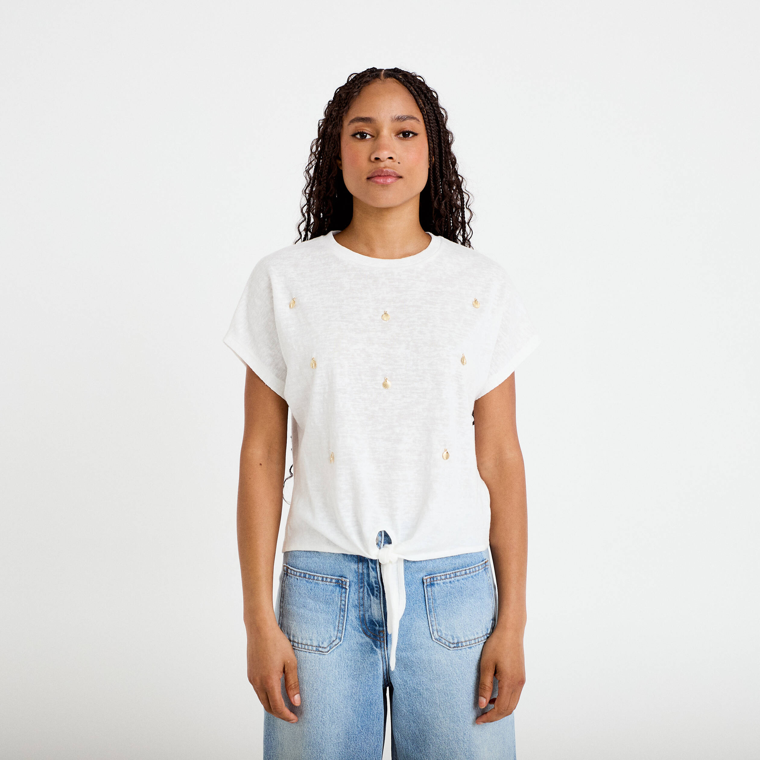 T-shirt col rond manches courtes noeuds ecru femme