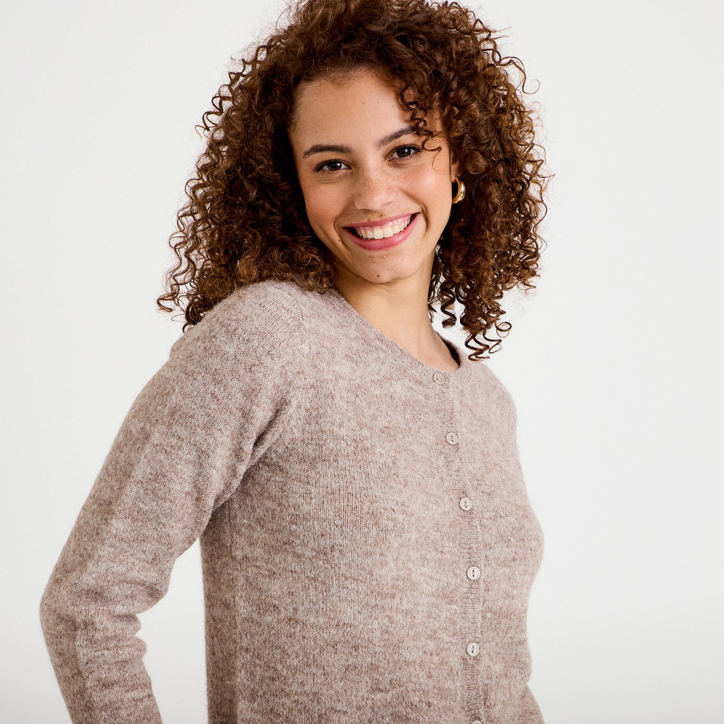 Gilet col rond manches longues taupe femme