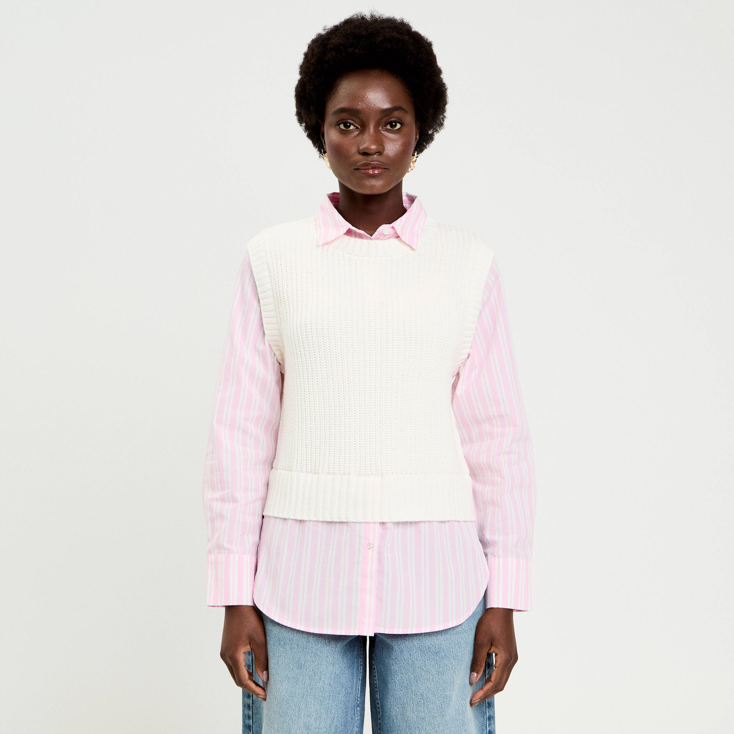 Pull chemise 2-en-1 ecru femme