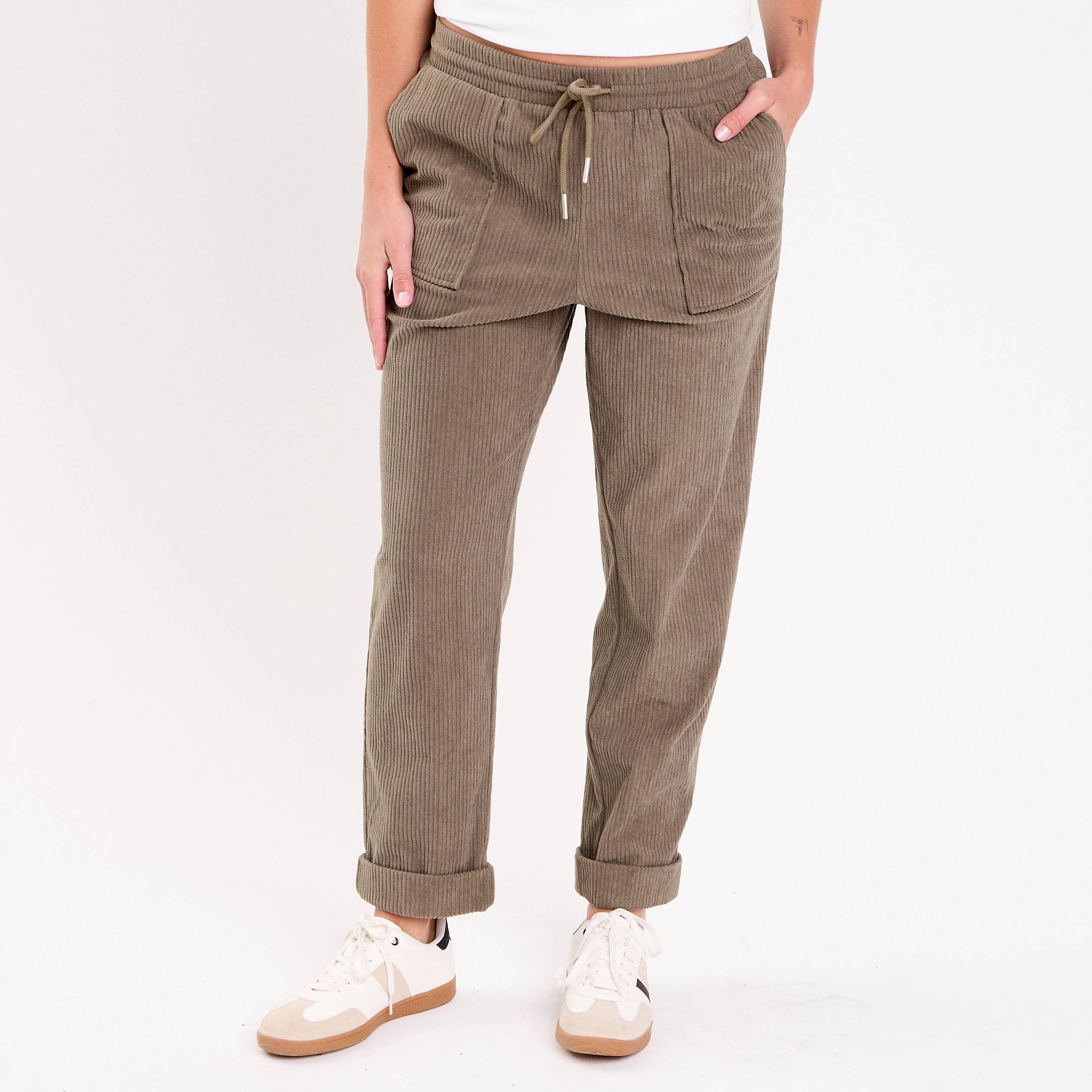 Pantalon jogging velours vert kaki femme