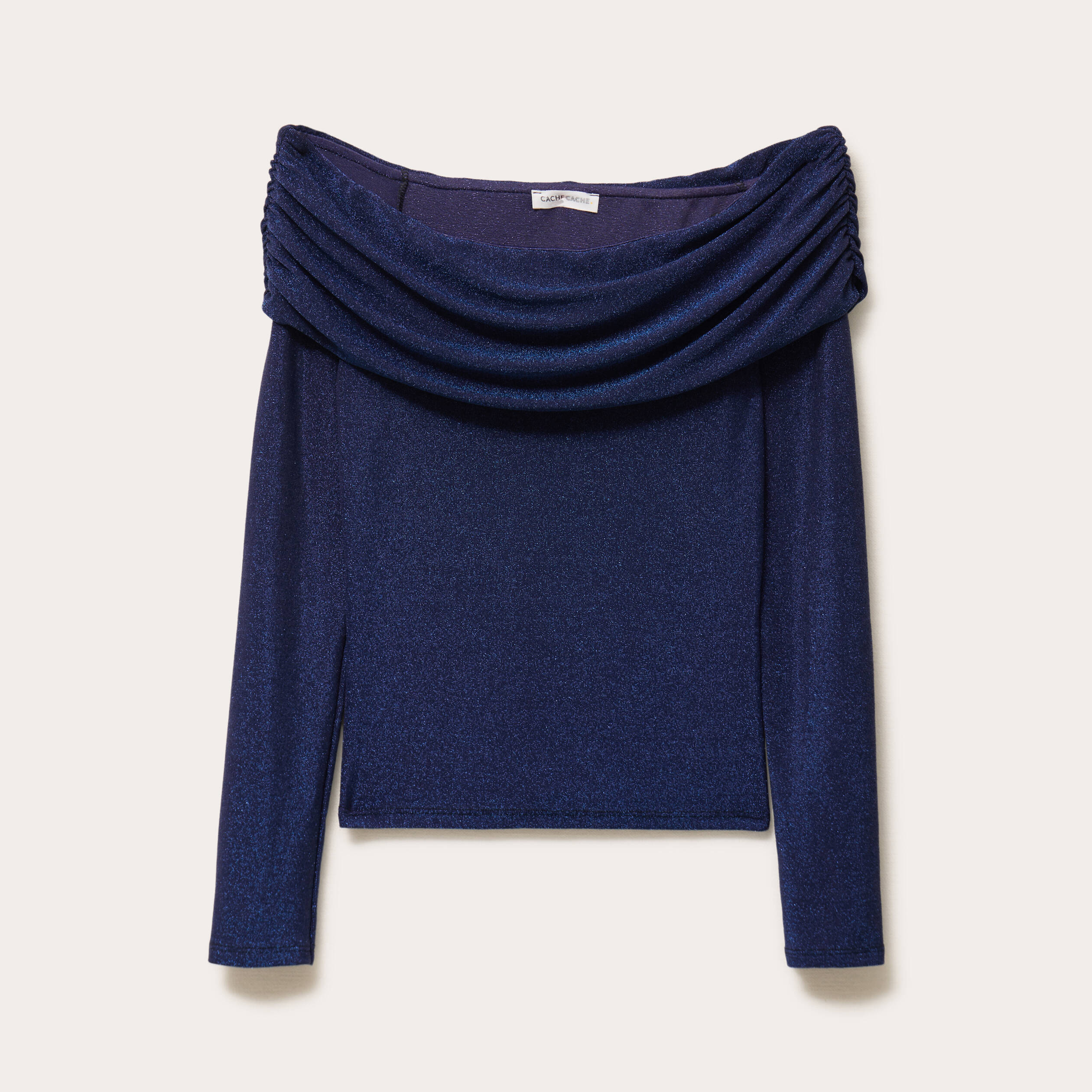 T-shirt col bardot brillant bleu fonc&eacute; femme