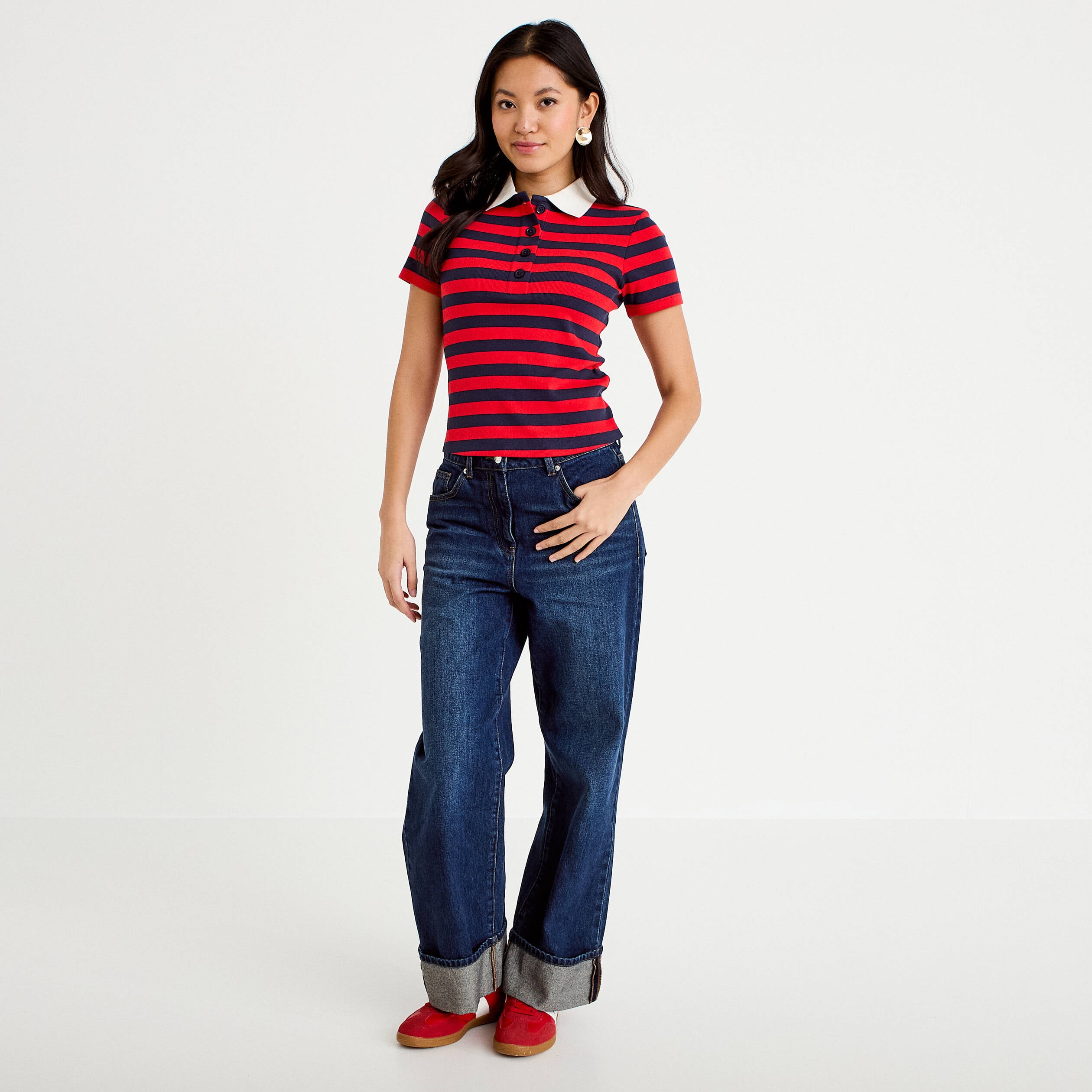 T-shirt c&ocirc;tel&eacute; col polo rouge femme