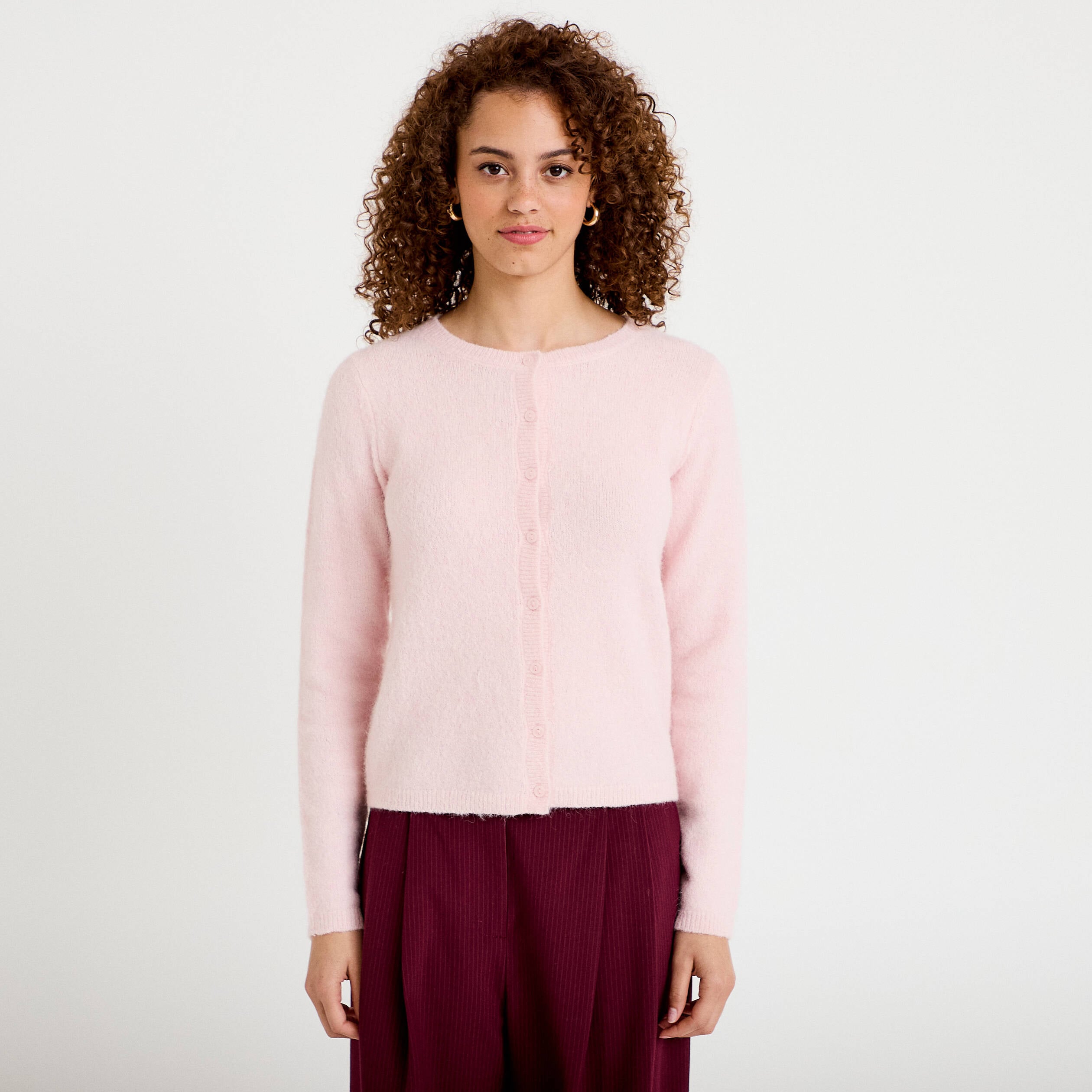 Gilet col rond manches longues rose clair femme