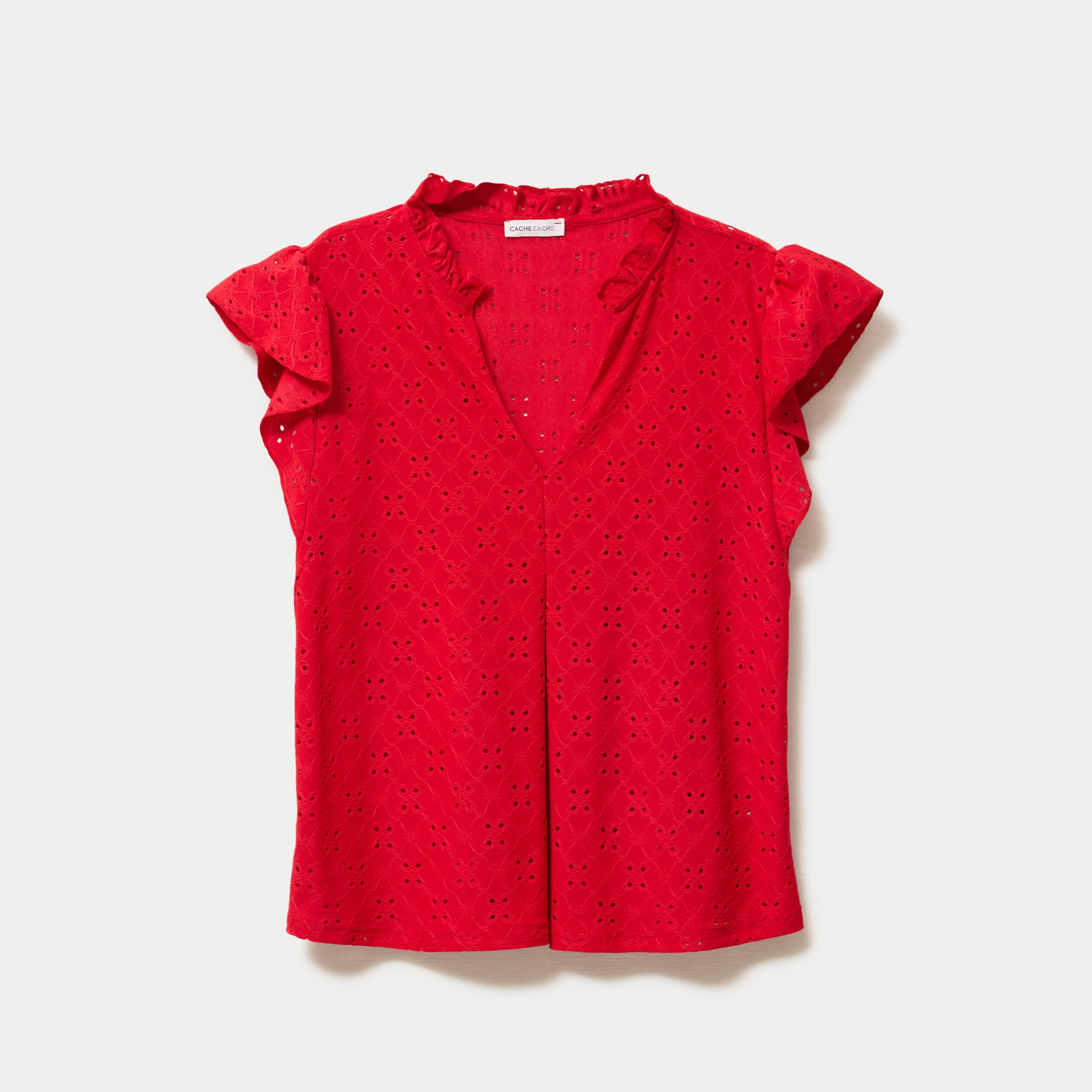 Blouse ajour&eacute;e col v manches courtes rouge femme