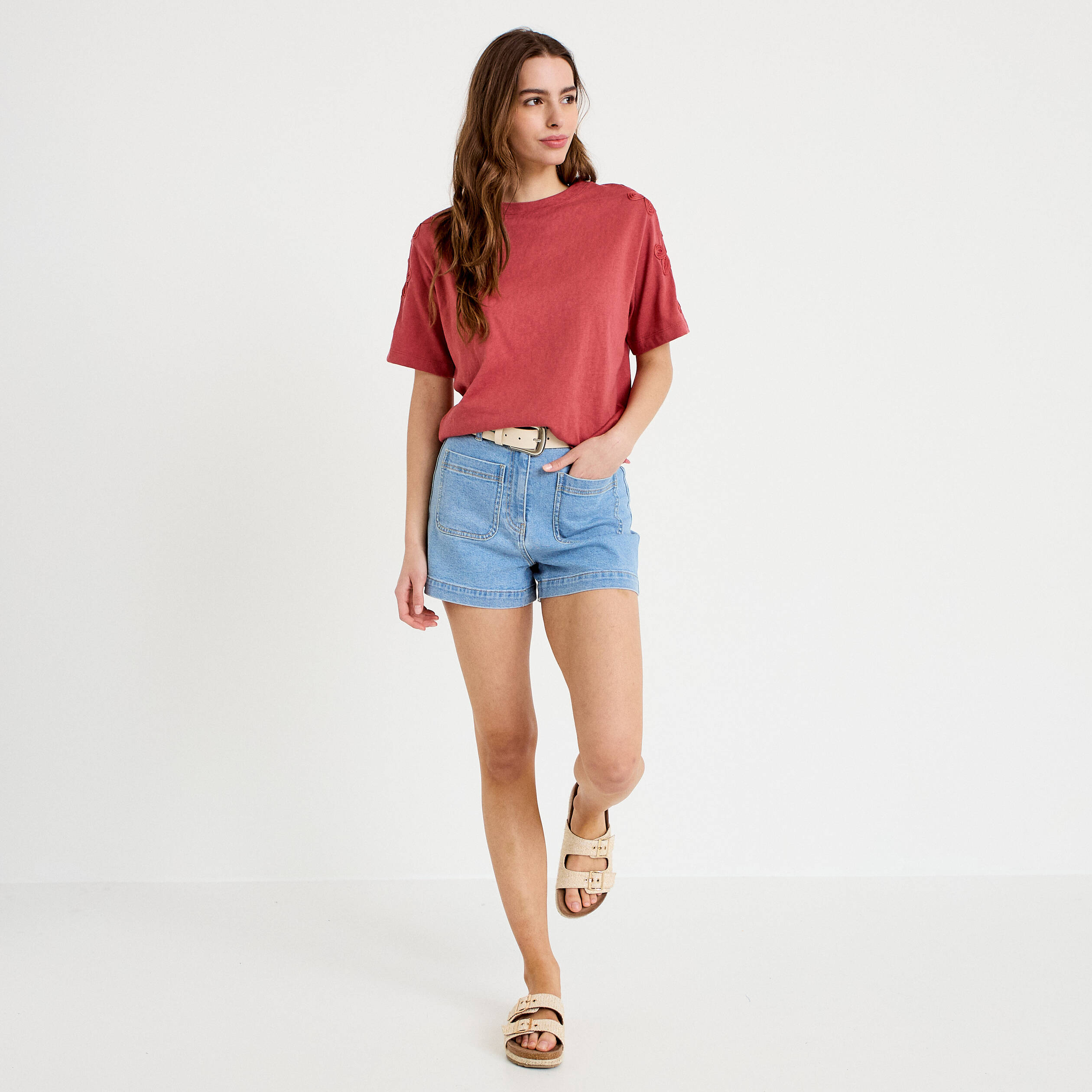 T-shirt col rond manches courtes brod&eacute; vieux rose femme