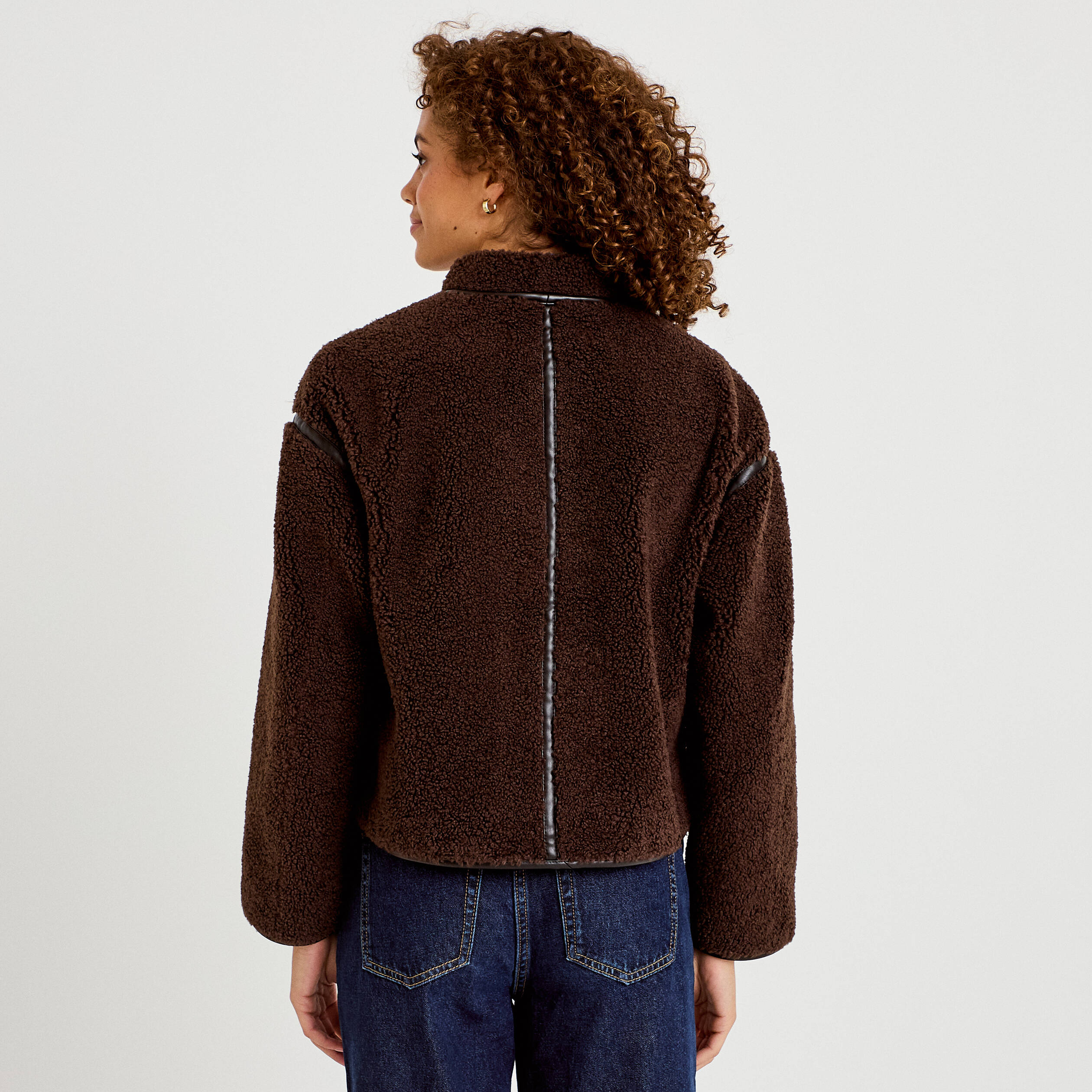 Veste effet polaire manches longues marron fonc&eacute; femme