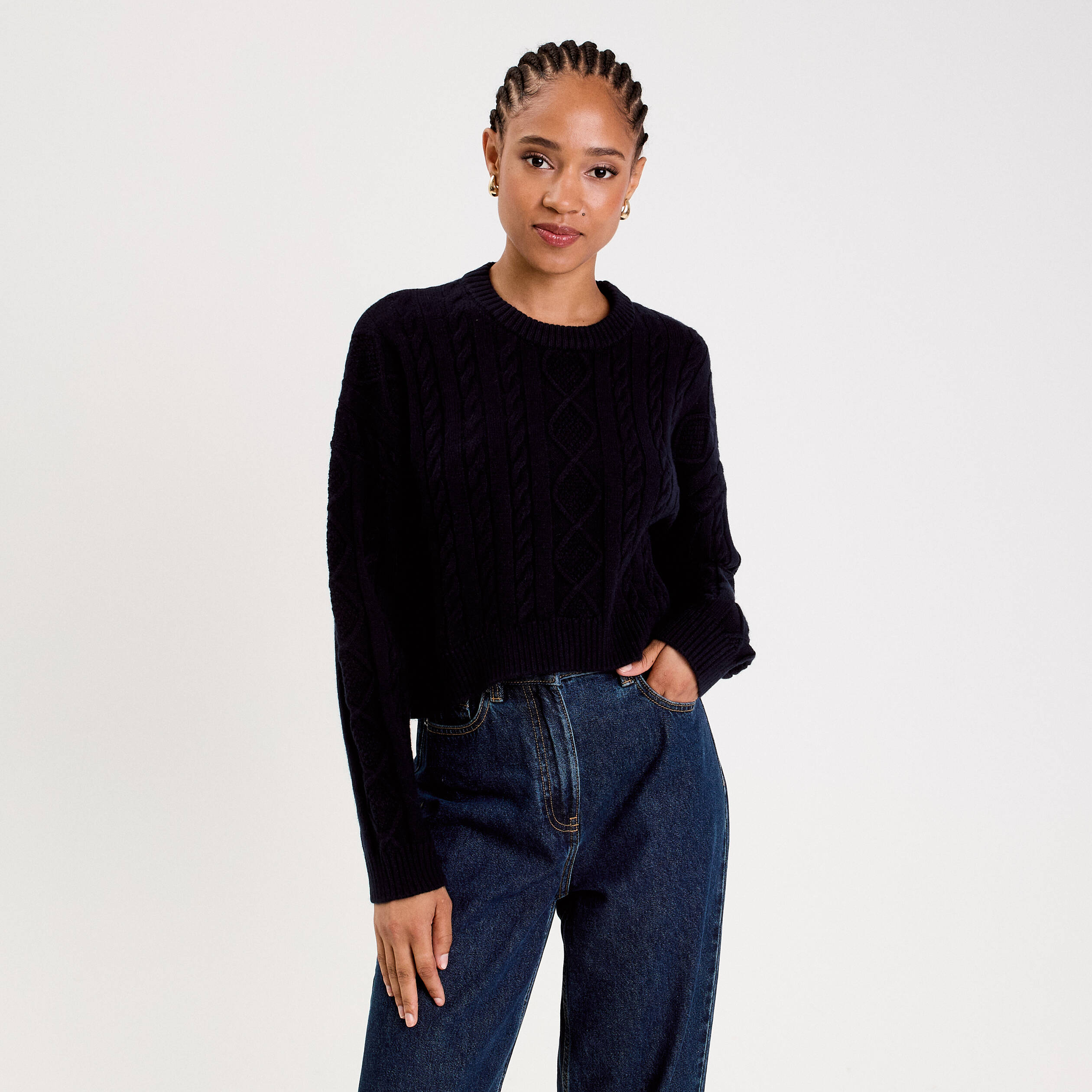 Pull avec torsades bleu marine femme