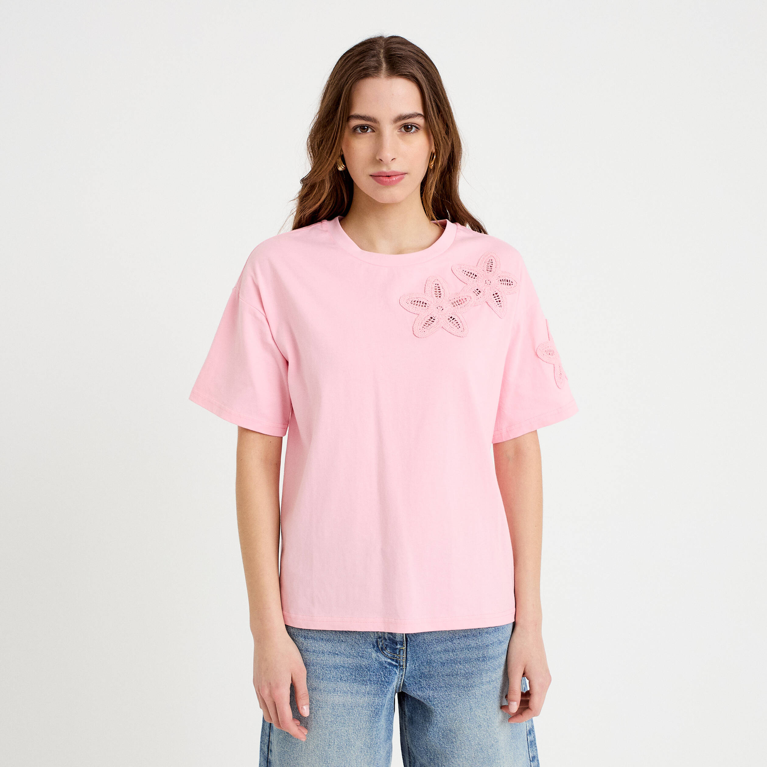 T-shirt col rond manches courtes rose corail femme