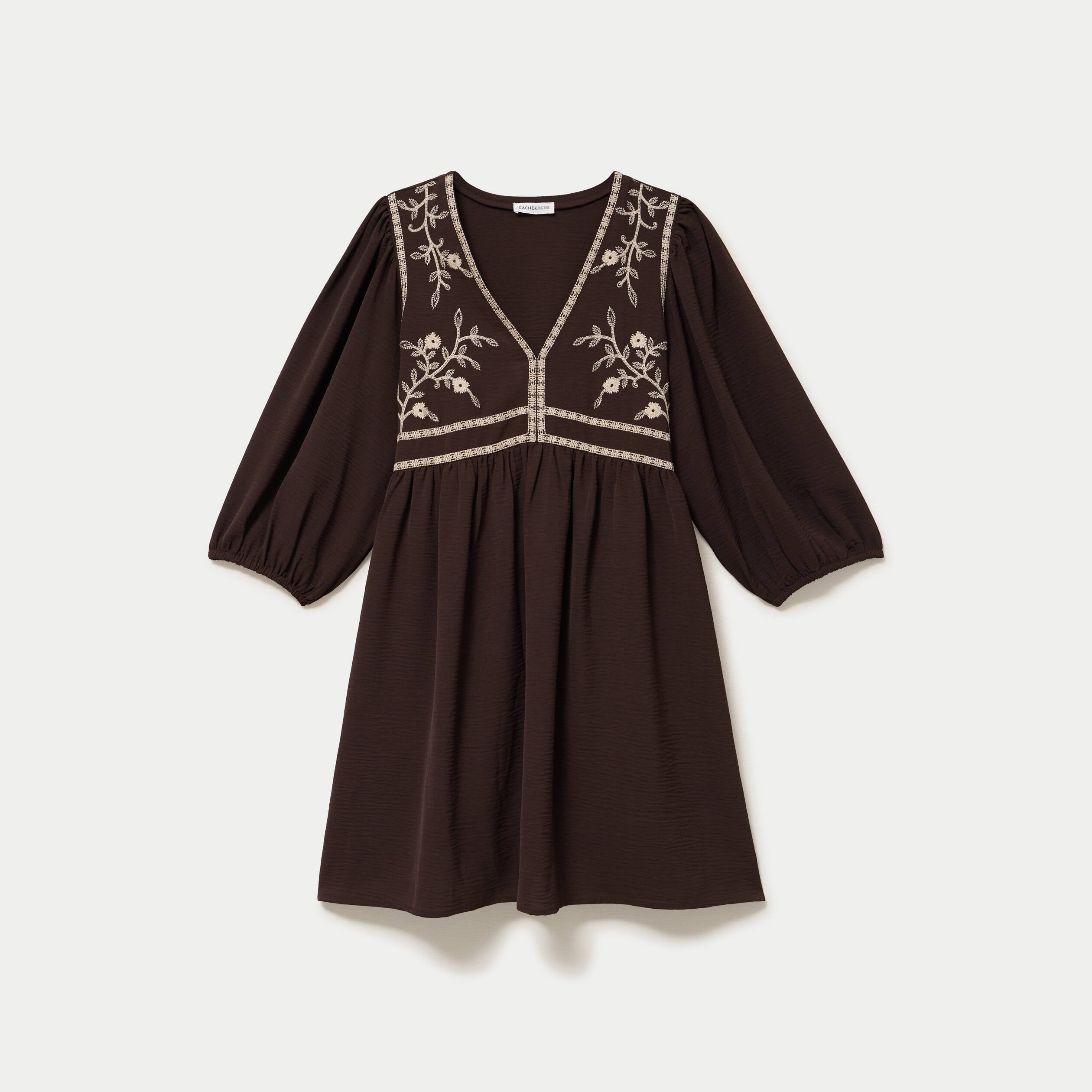 Robe droite courte col v manches 3/4 marron fonc&eacute; femme