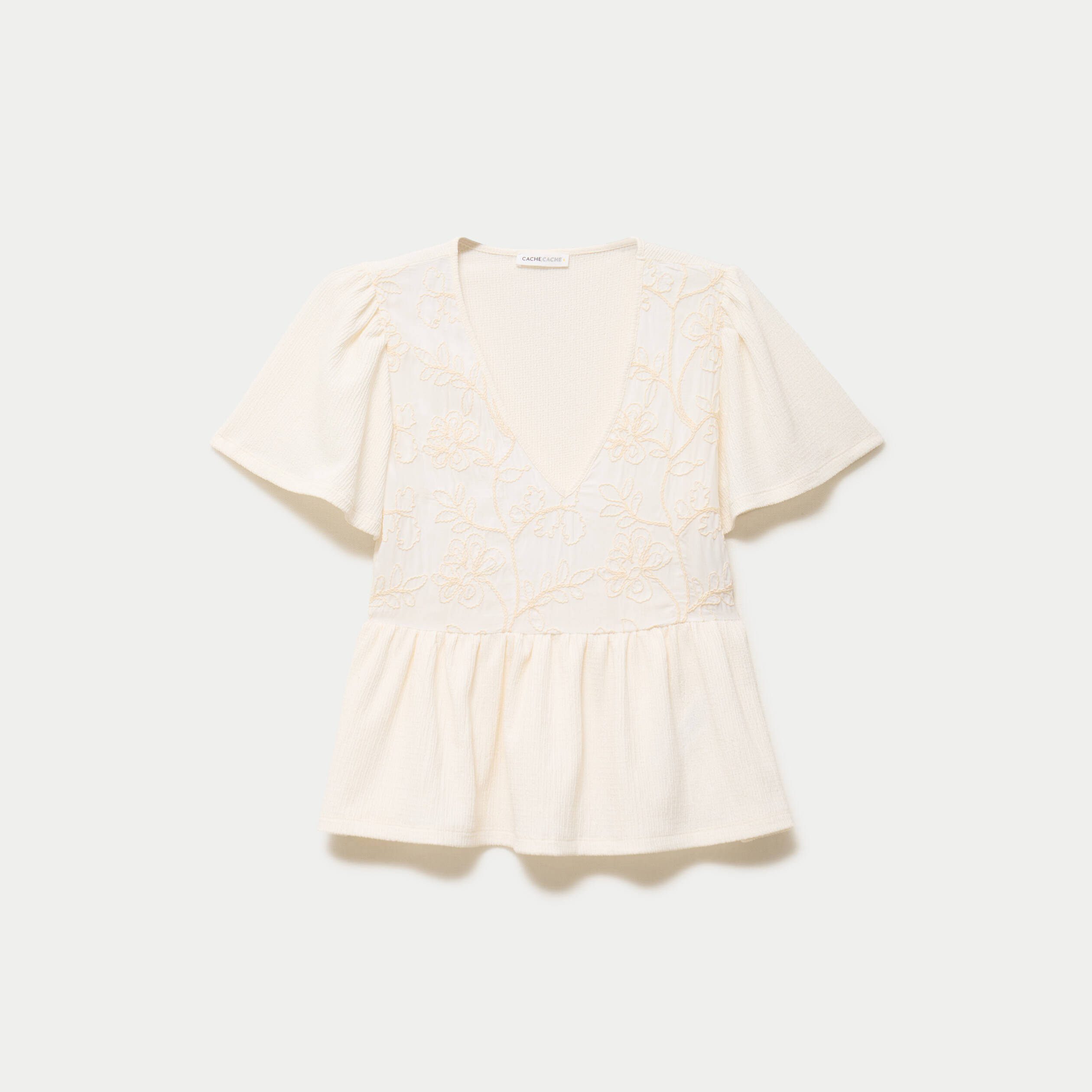 Blouse cintr&eacute;e col v manches courtes ecru femme