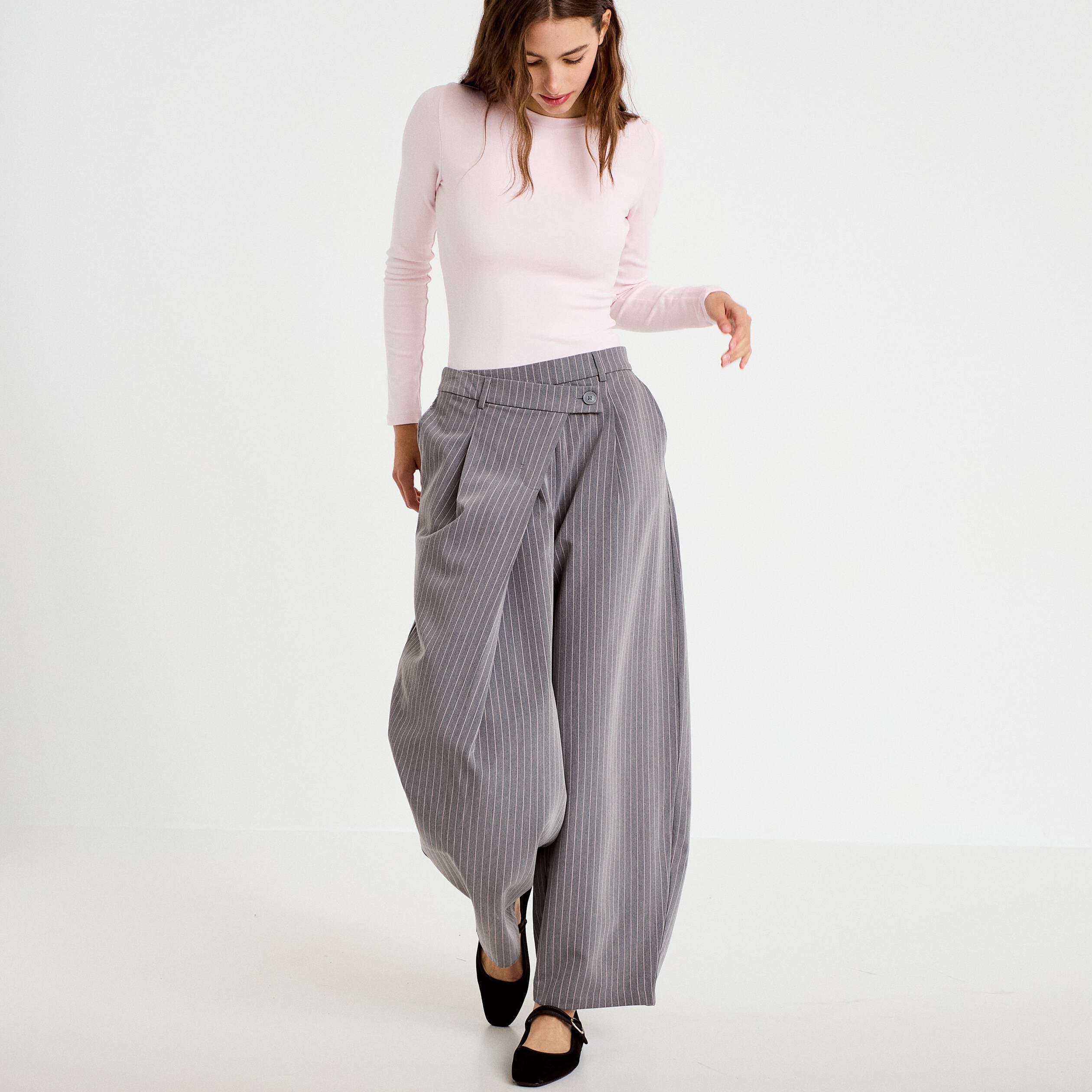 Pantalon barrel taille basse gris femme