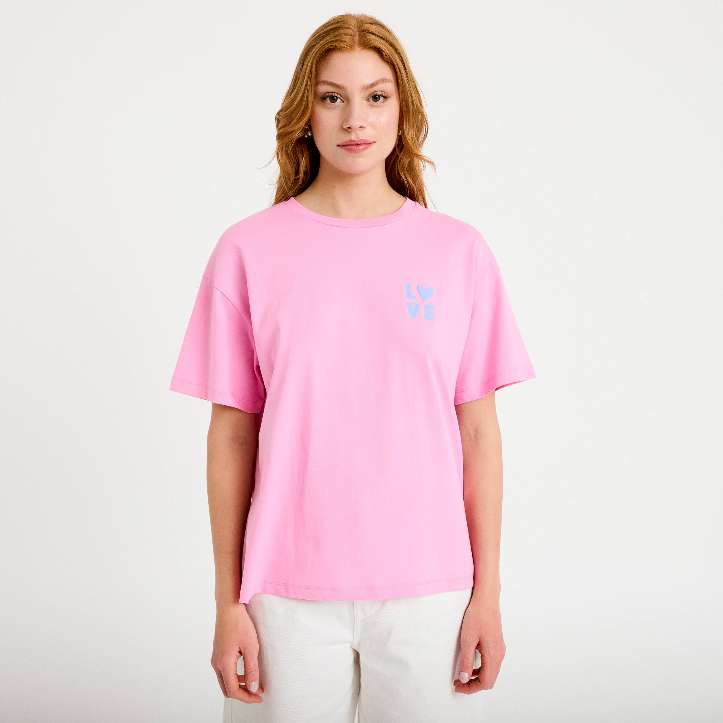 T-shirt droit col rond manches courtes rose corail femme