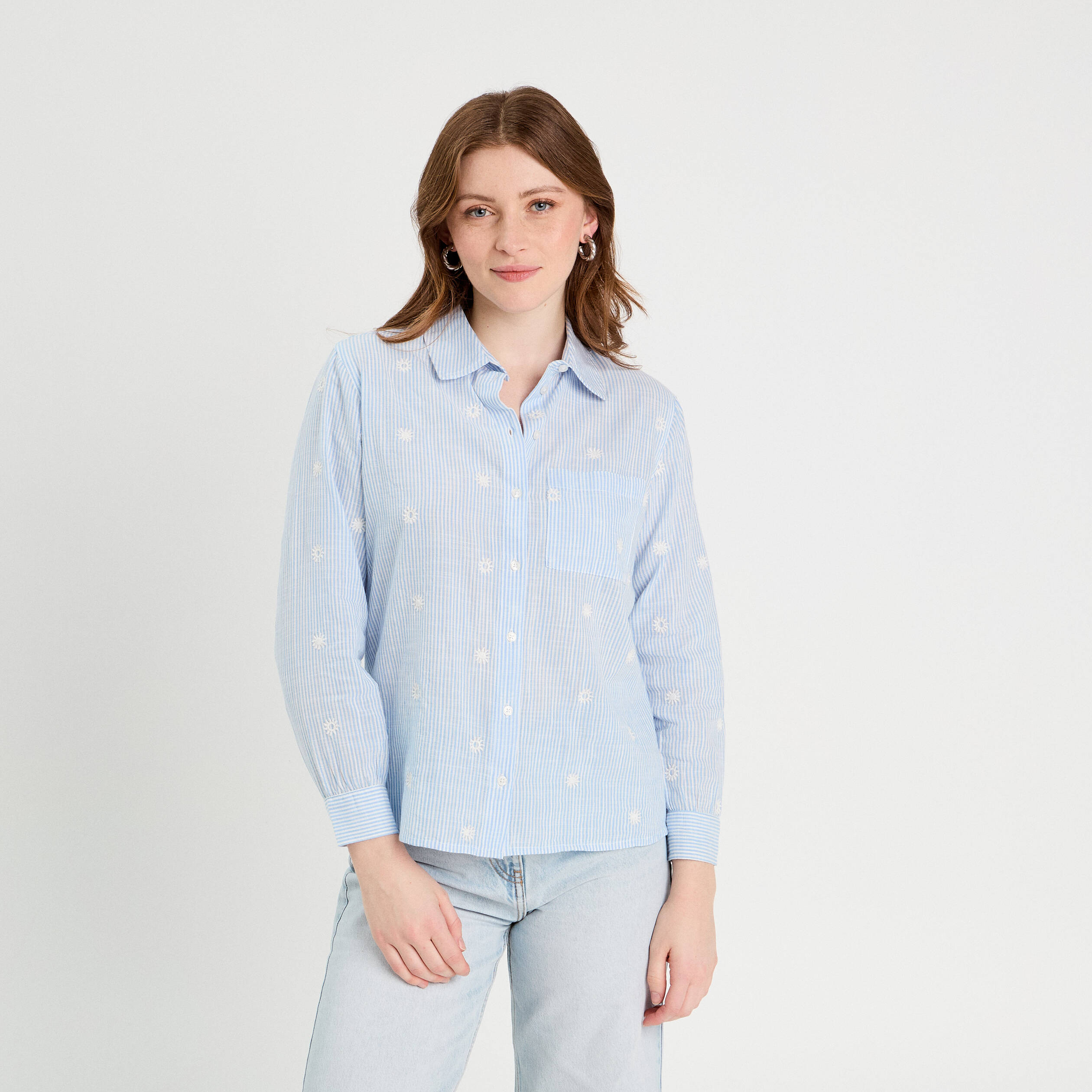 Chemise brod&eacute;e manches longues blanc femme