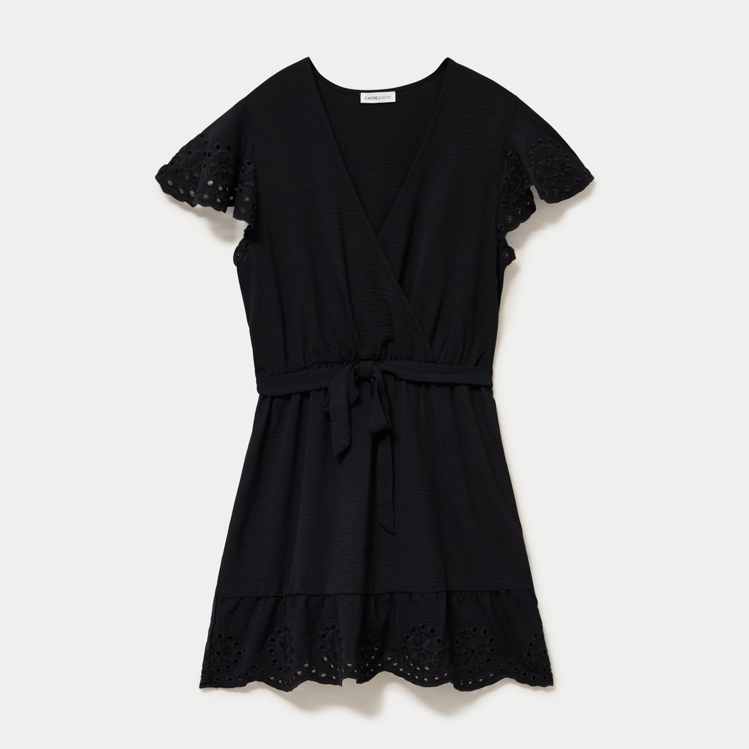 Robe courte &eacute;vas&eacute;e col v manches courtes noir femme