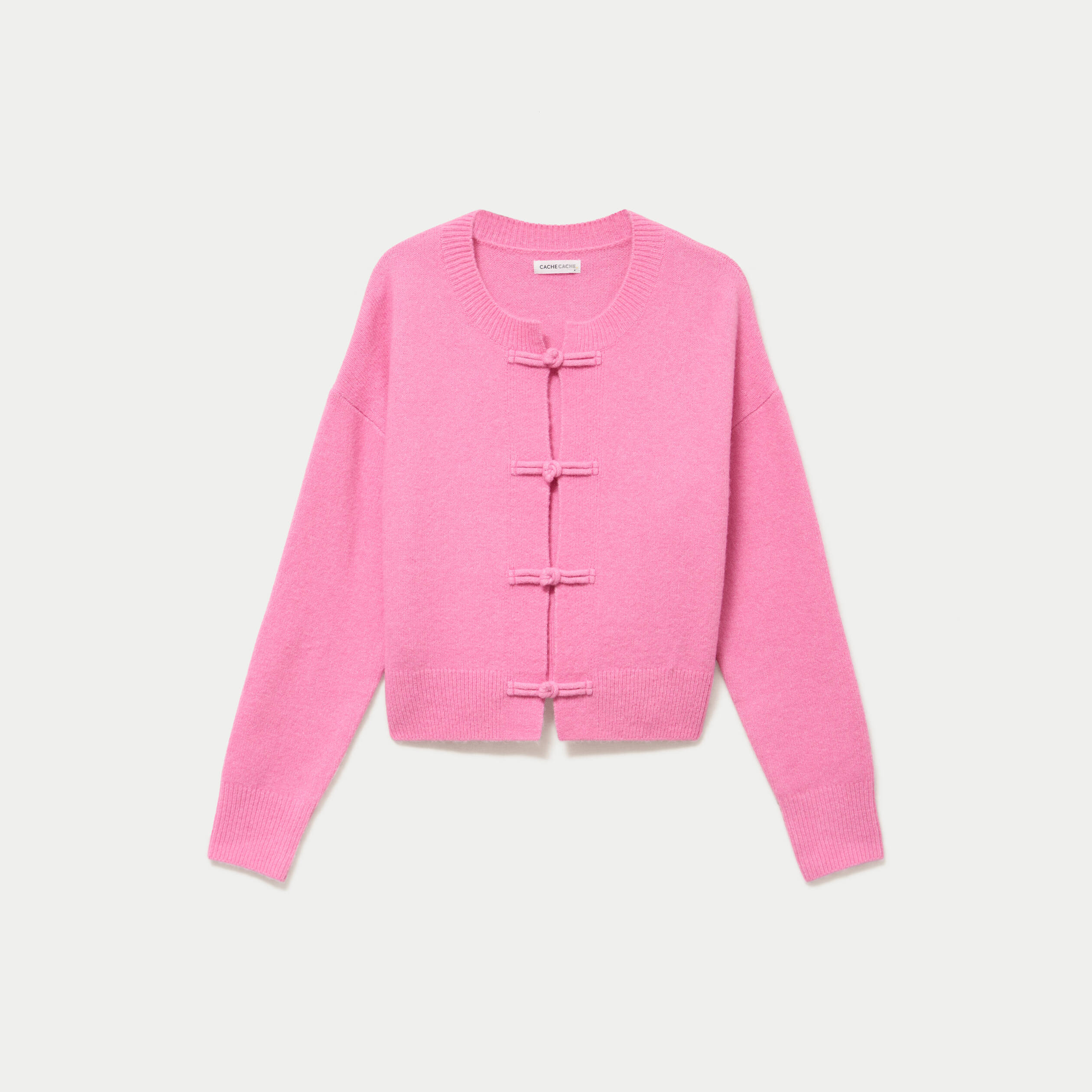 Gilet col rond manches longues avec lien rose clair femme