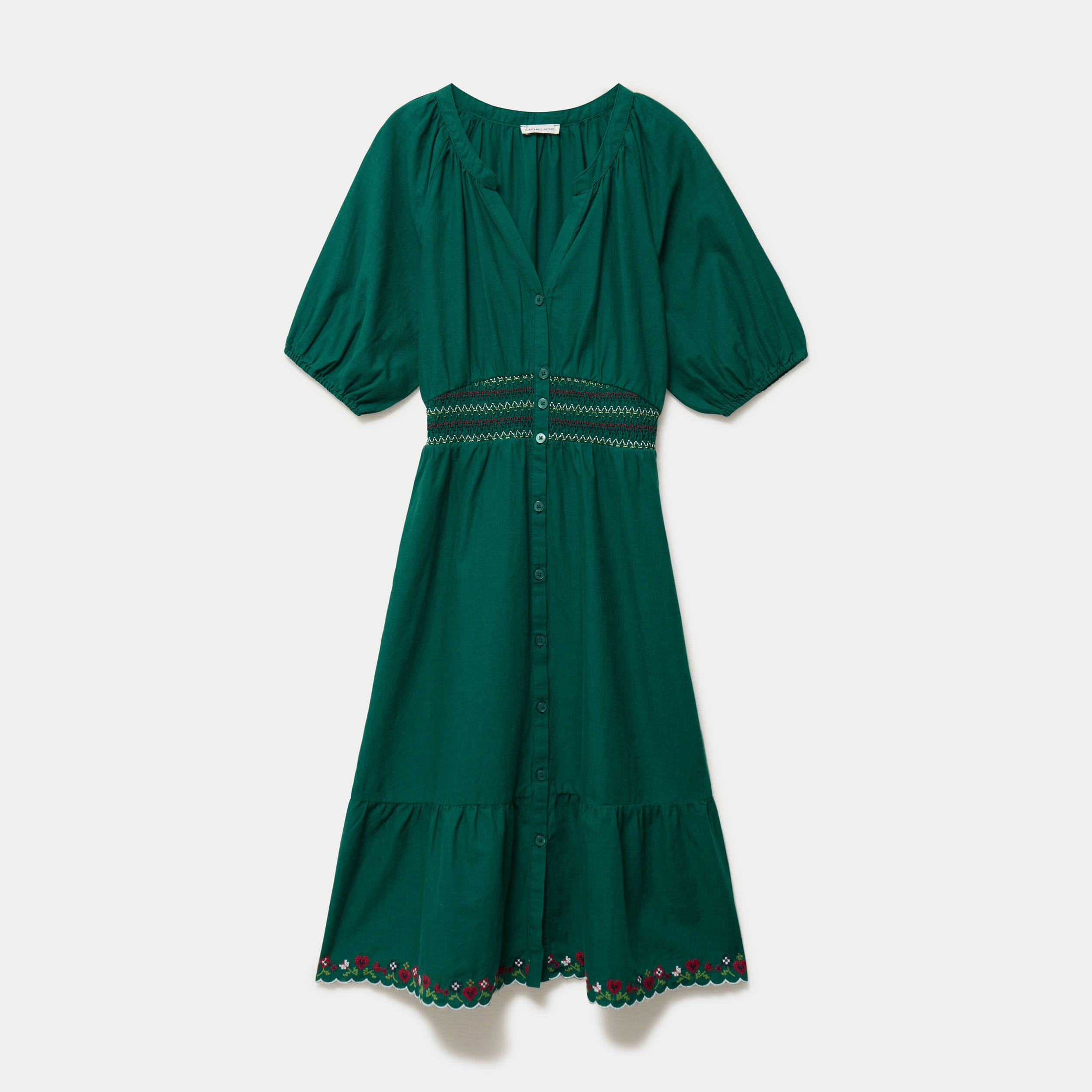 Robe &eacute;vas&eacute;e broderie col chemise vert fonc&eacute; femme
