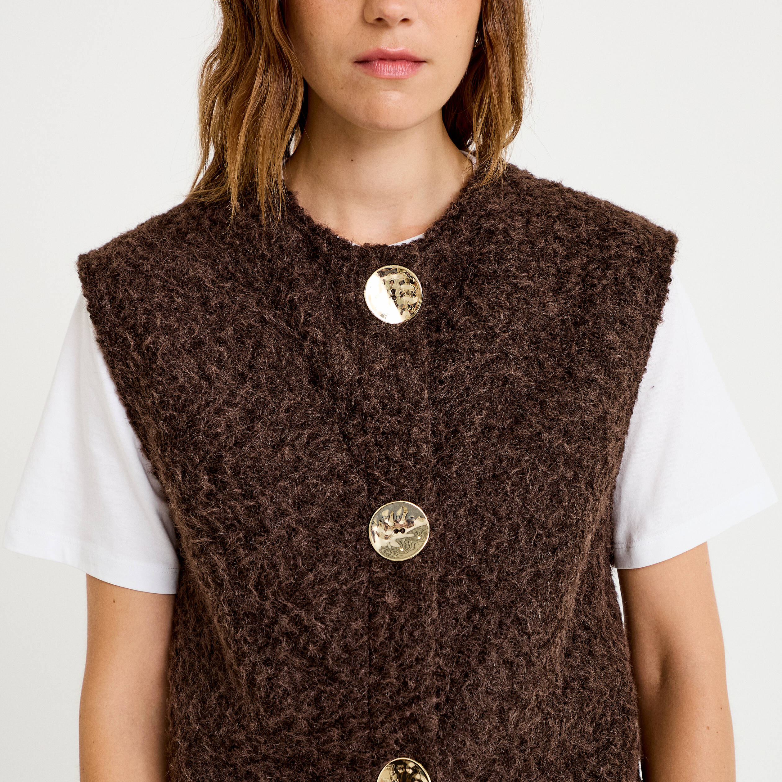 Gilet sans manches effet polaire marron fonc&eacute; femme