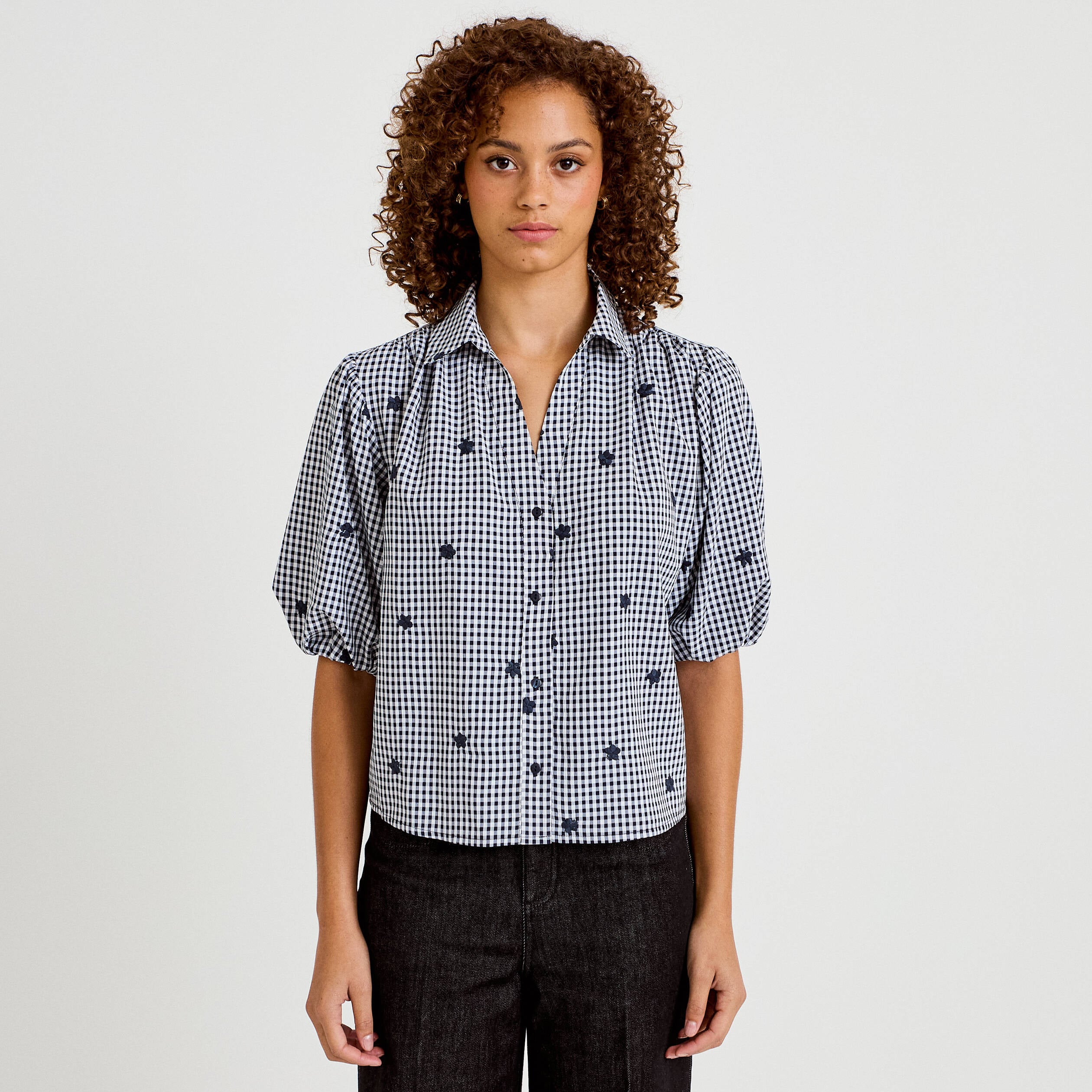 Chemise droite col classique manches 3/4 bleu marine femme