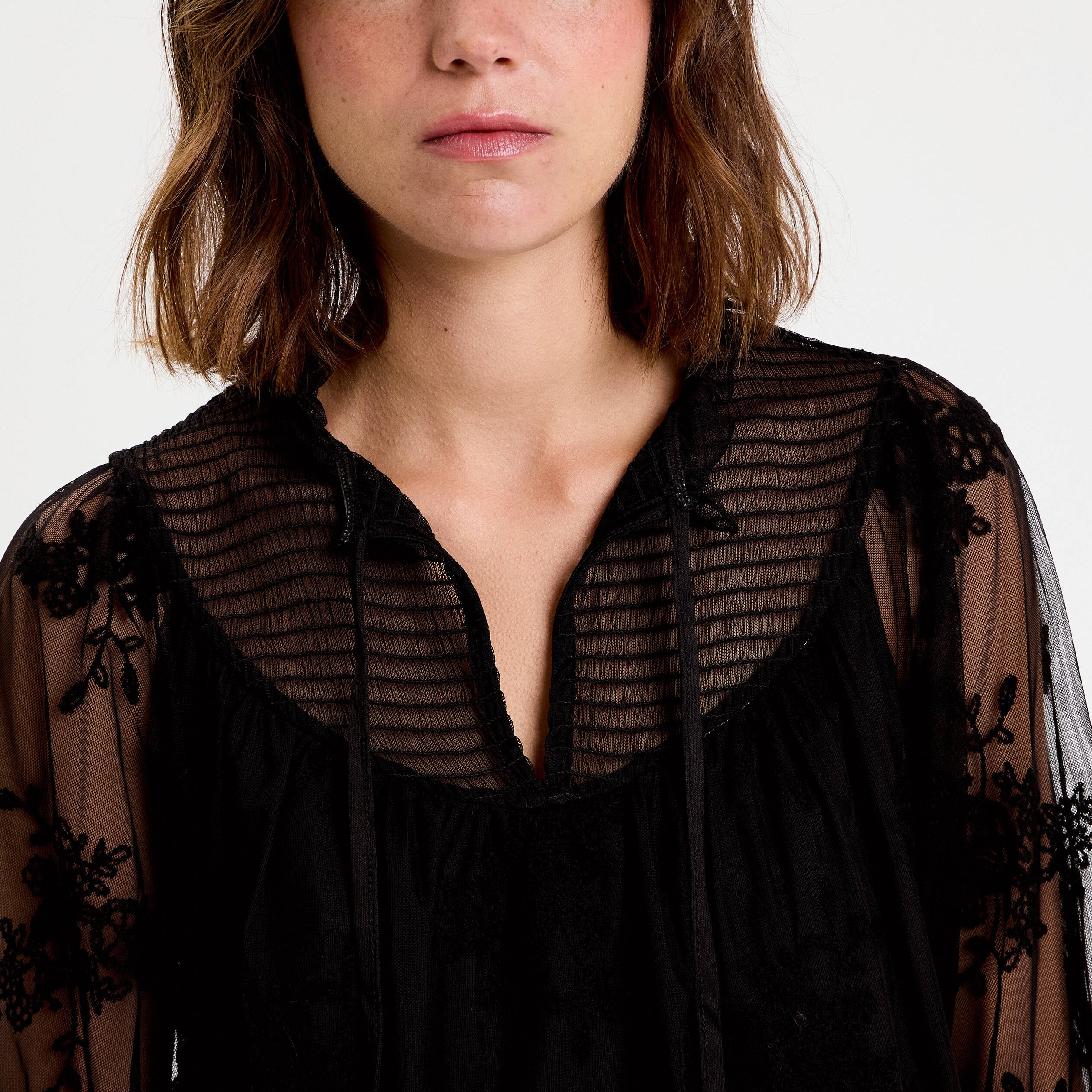 Blouse dentelle manches longues noir femme
