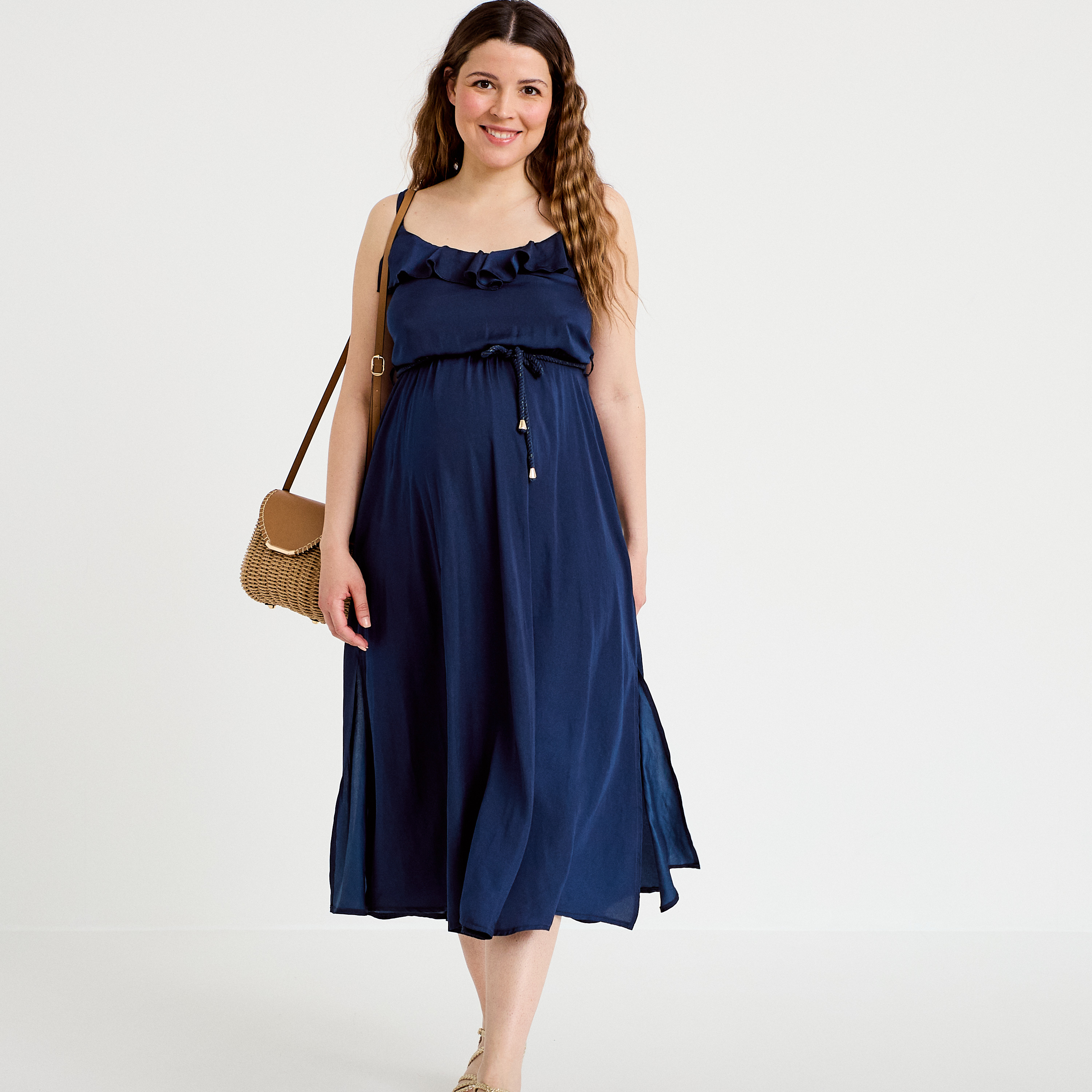 Robe longue &eacute;vas&eacute;e col v bretelles bleu marine femme