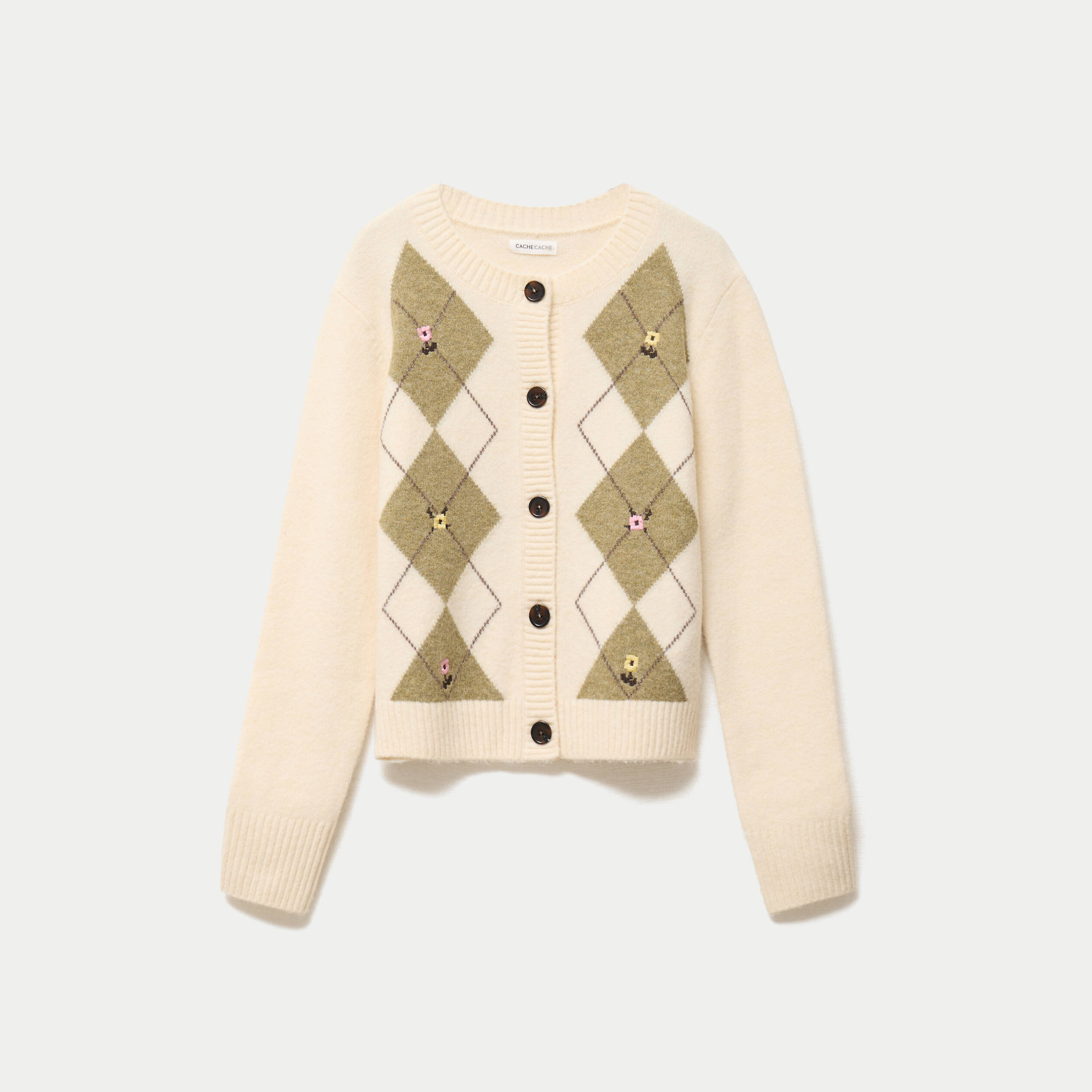 Gilet broderie col rond manches longues ecru femme