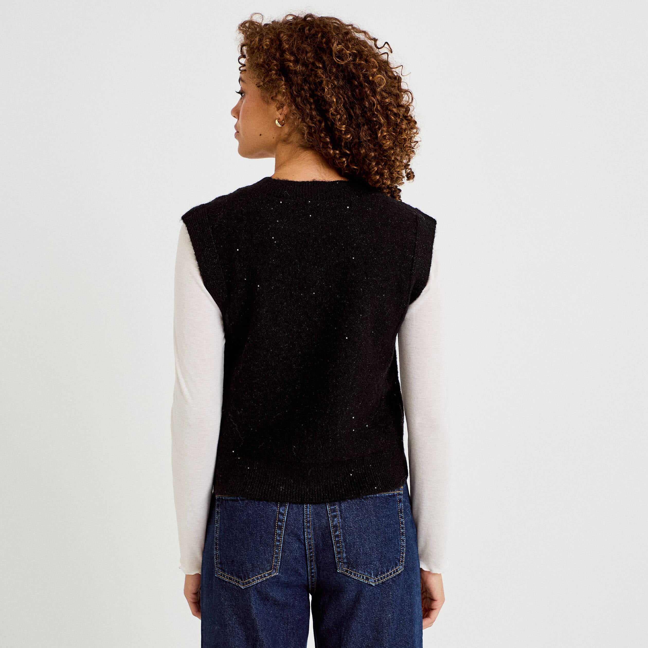D&eacute;bardeur col rond avec sequin noir femme