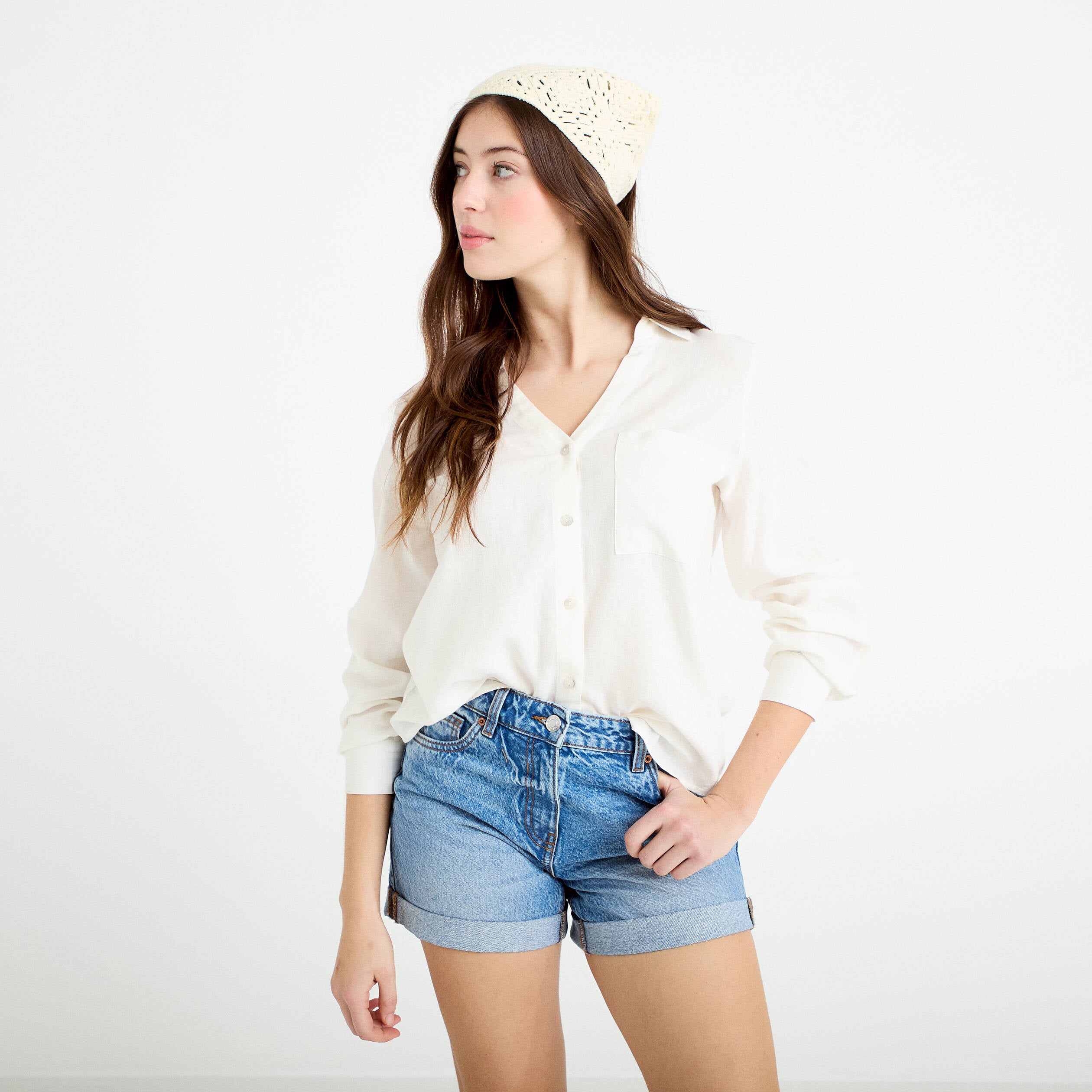 Chemise lin col V manches longues ecru femme