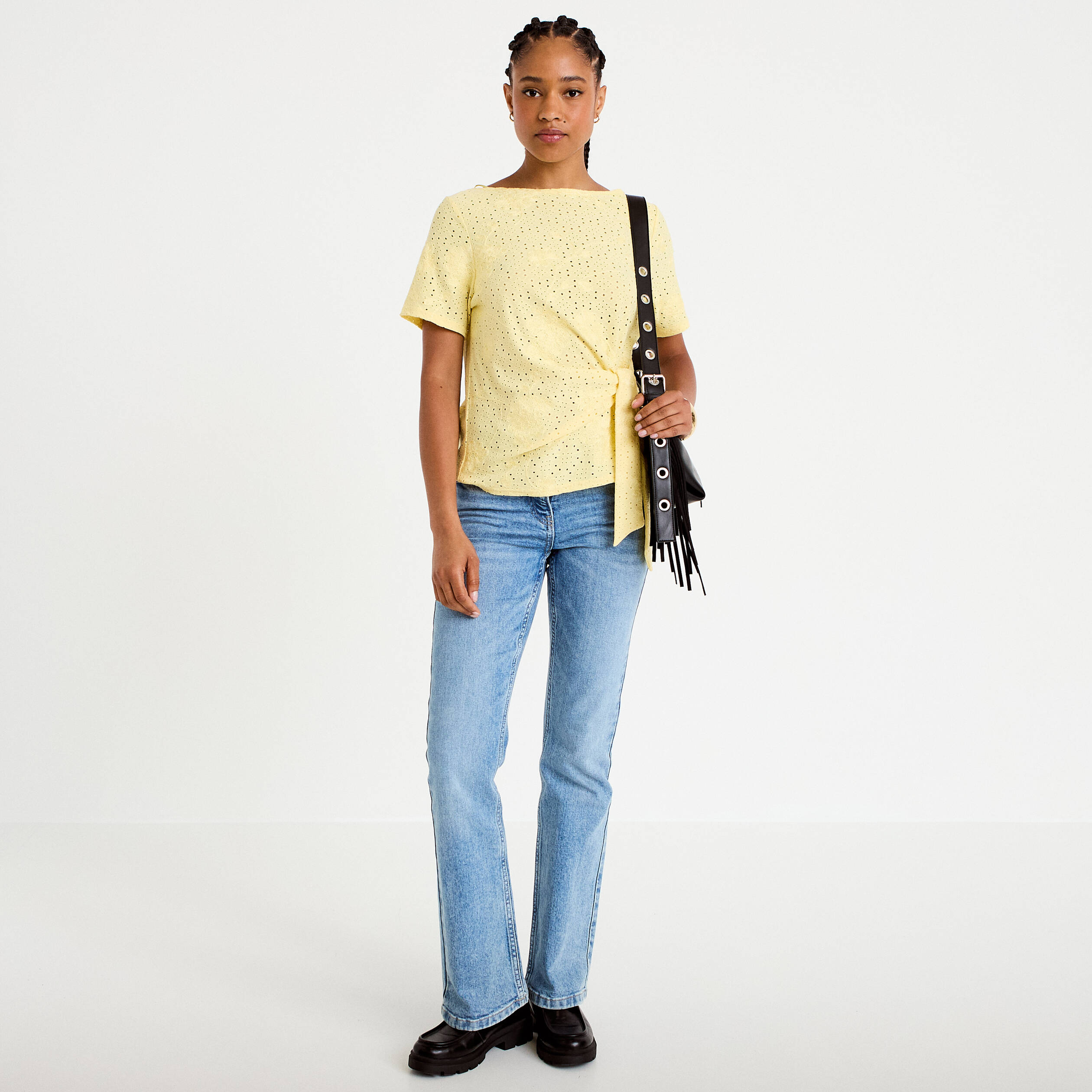 Blouse col v manches courtes jaune clair femme