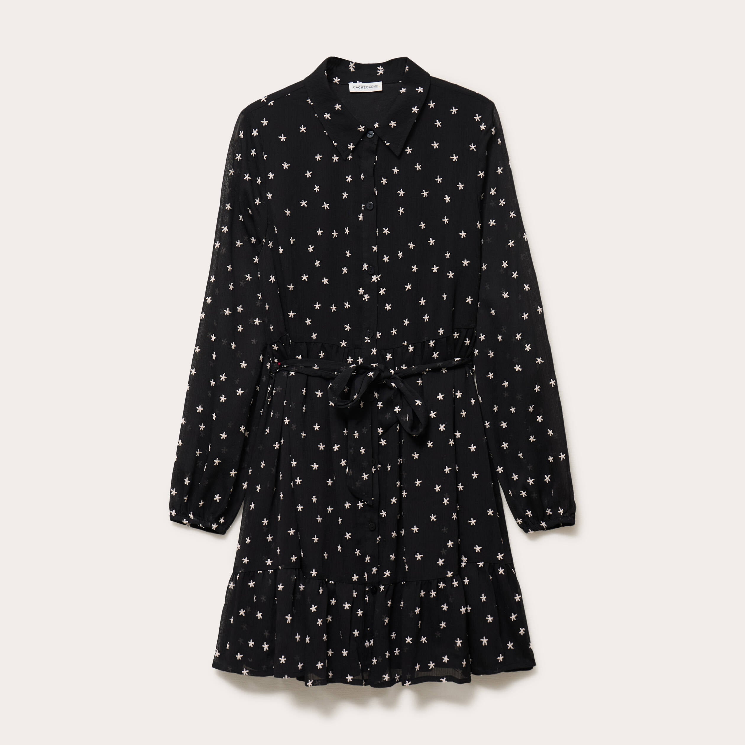 Robe brod&eacute;e &eacute;vas&eacute;e manches longues noir femme
