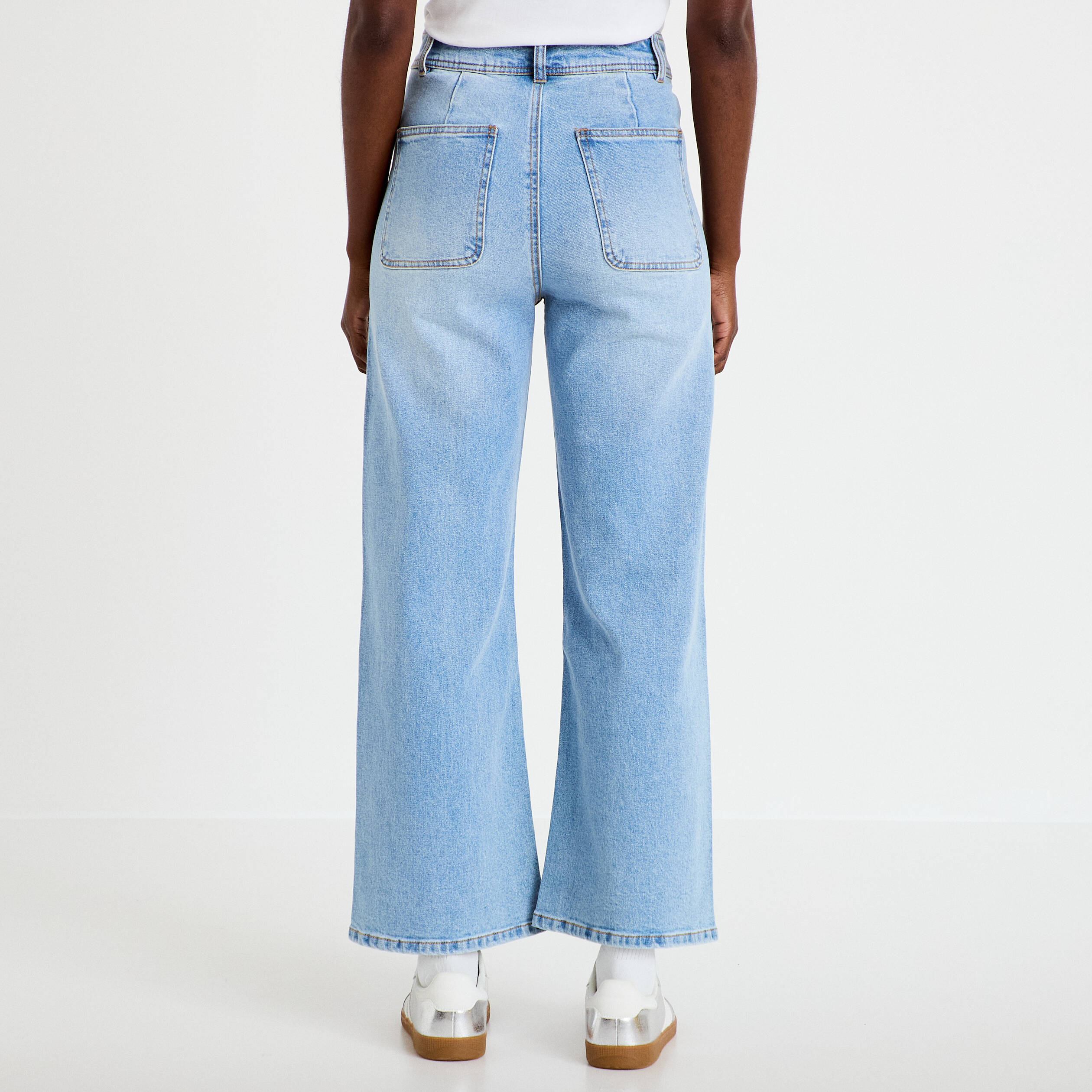 Jean wide leg cropped taille haute denim bleach femme