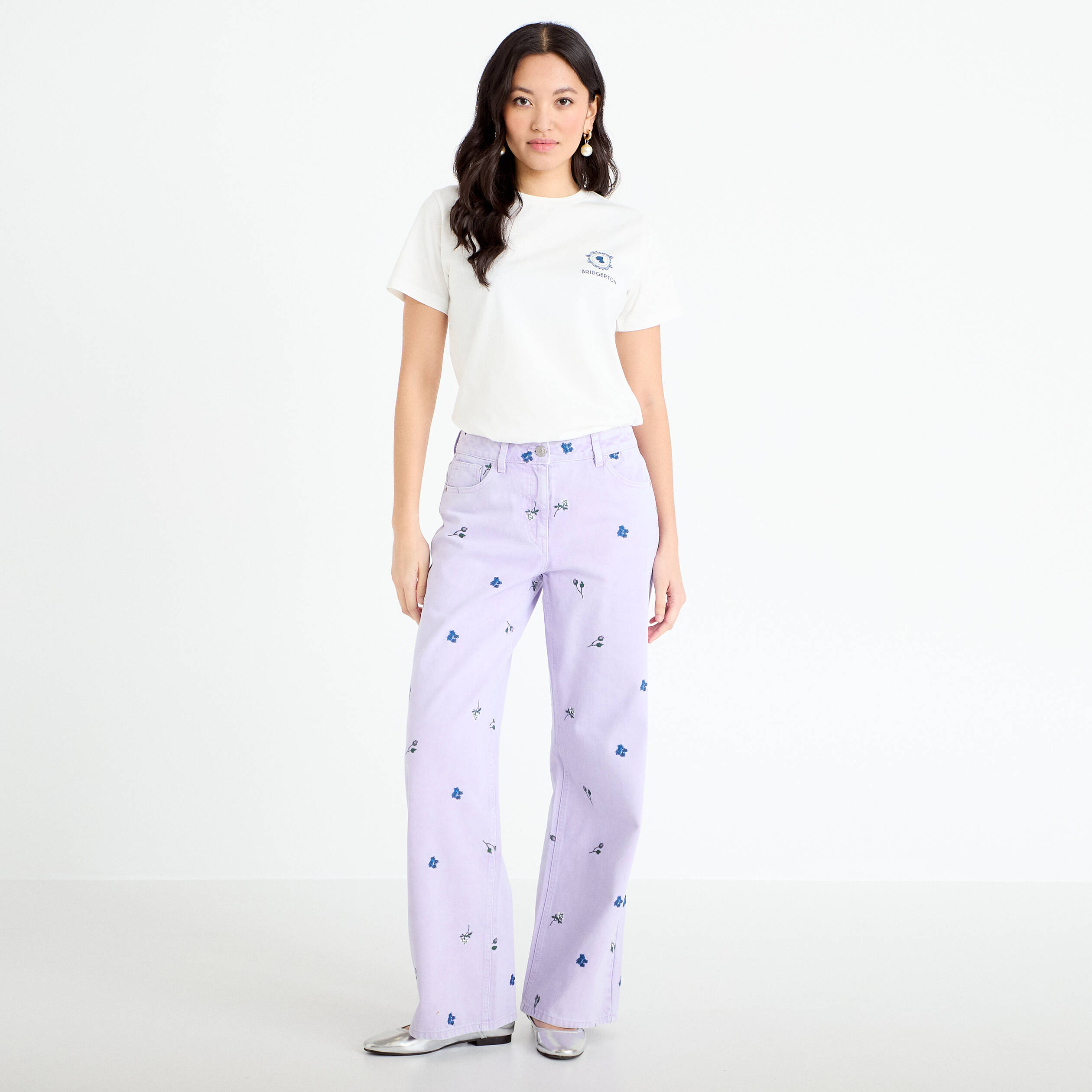 T-shirt imprim&eacute; fleurs Bridgerton ecru femme