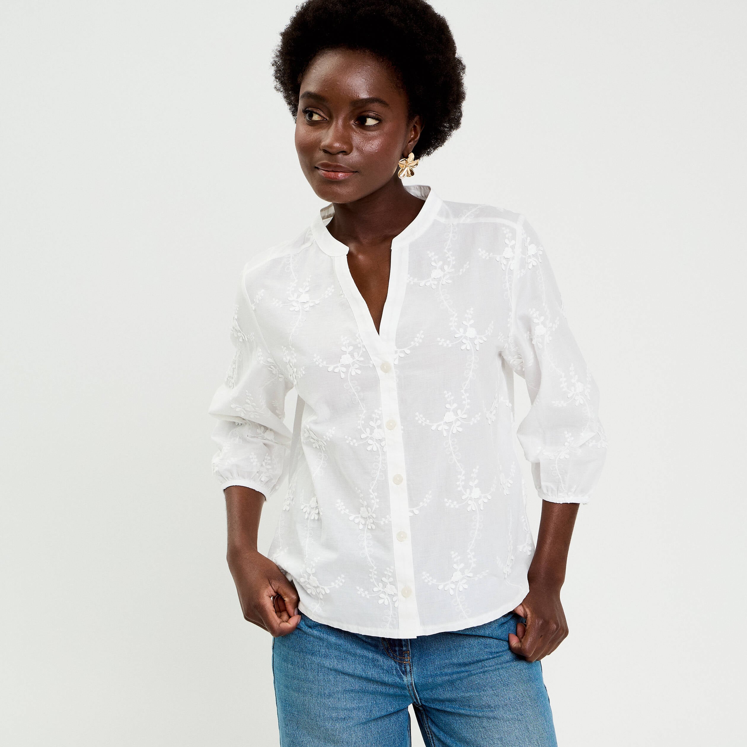 Blouse brod&eacute;e col mao manches 3/4 ecru femme