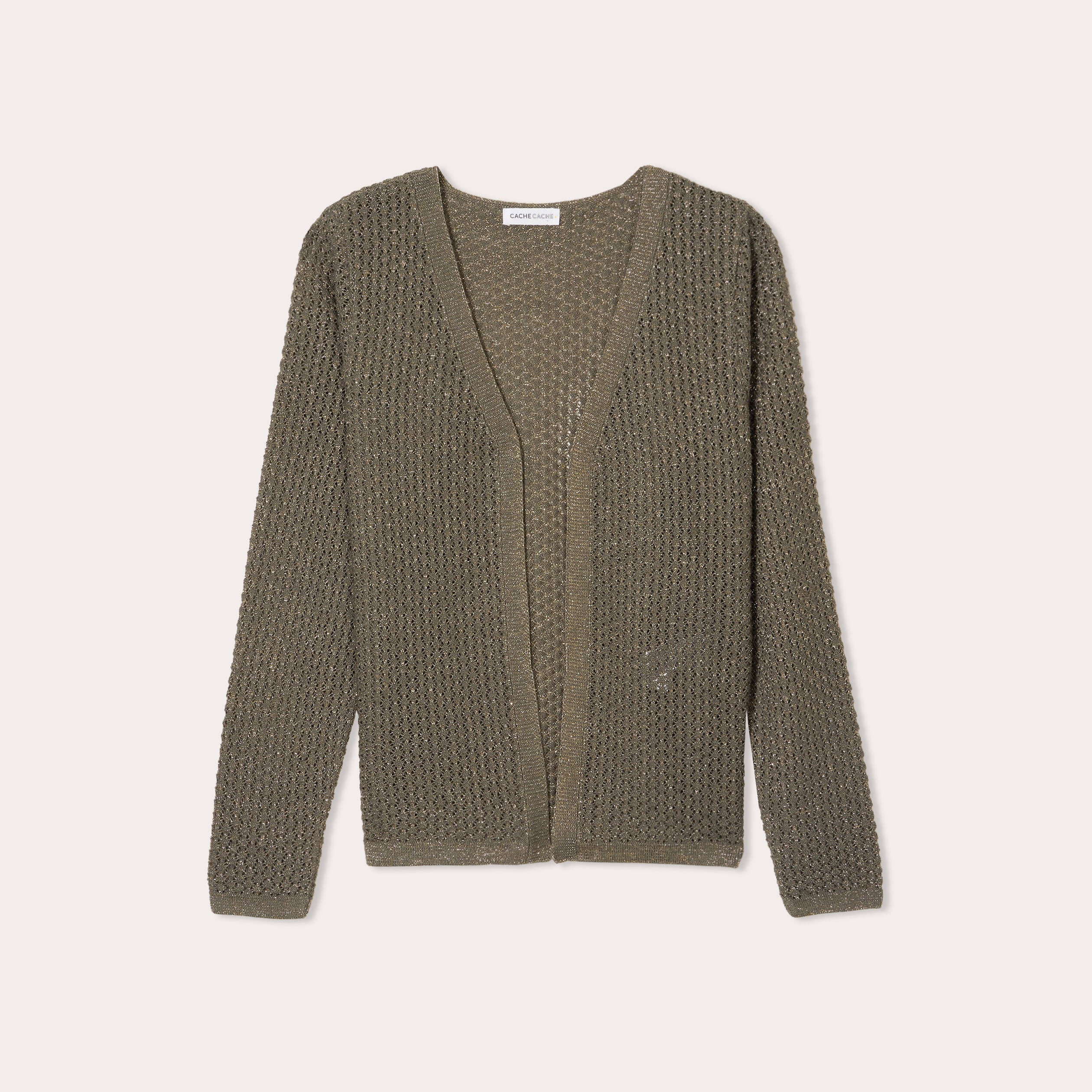 Gilet manches longues ajour&eacute; vert kaki femme