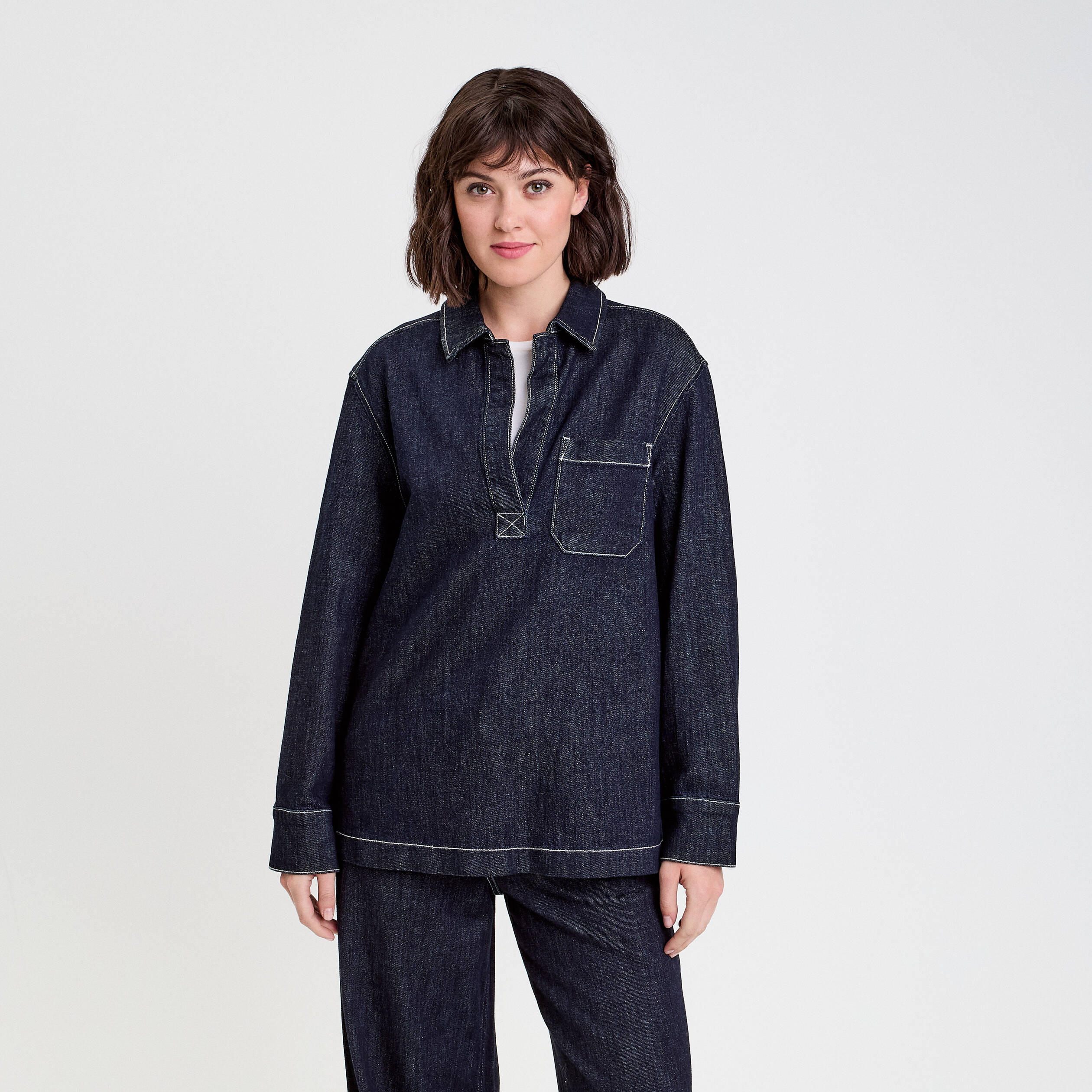 Blouse col chemise manches longues denim brut femme