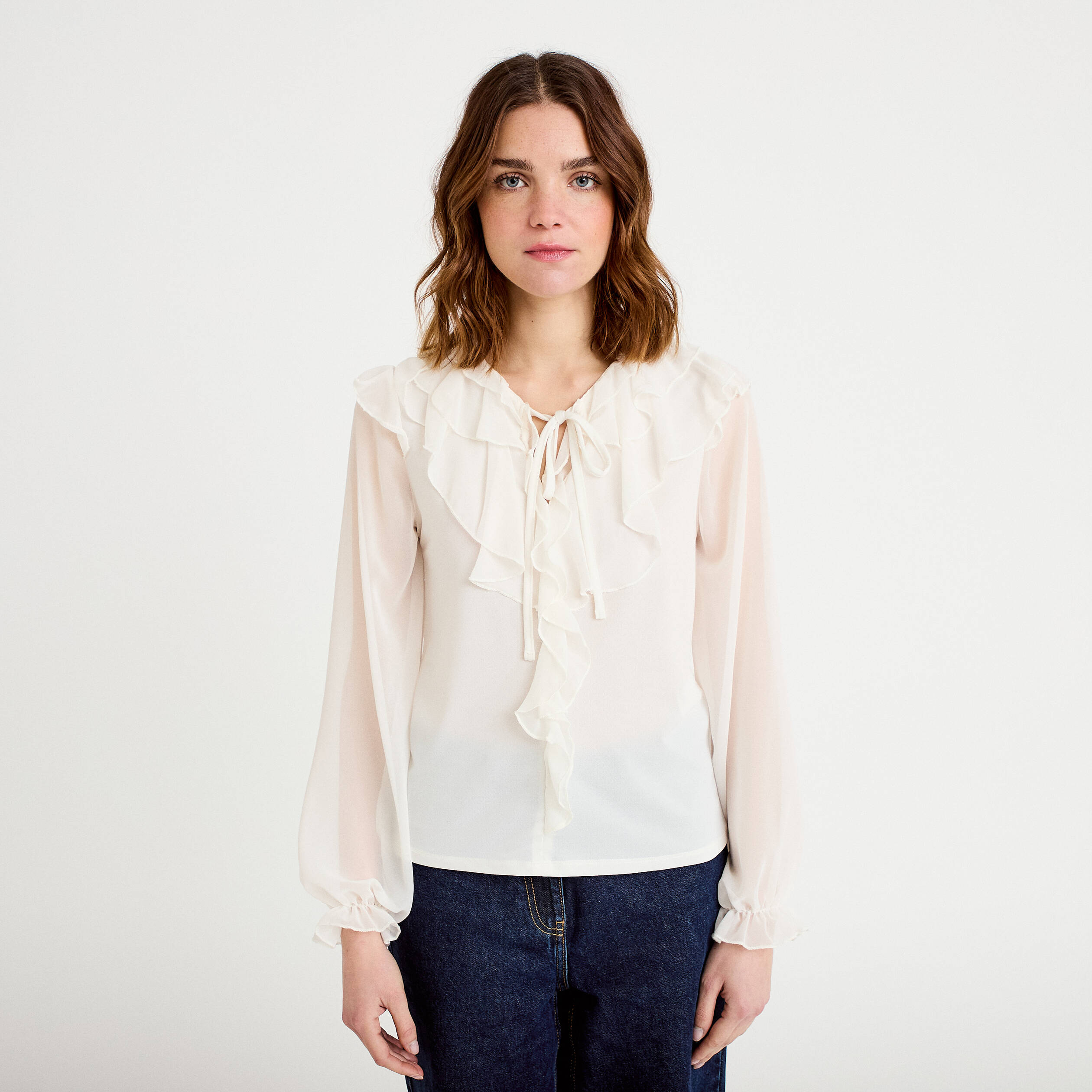 Blouse col v manches longues ecru femme