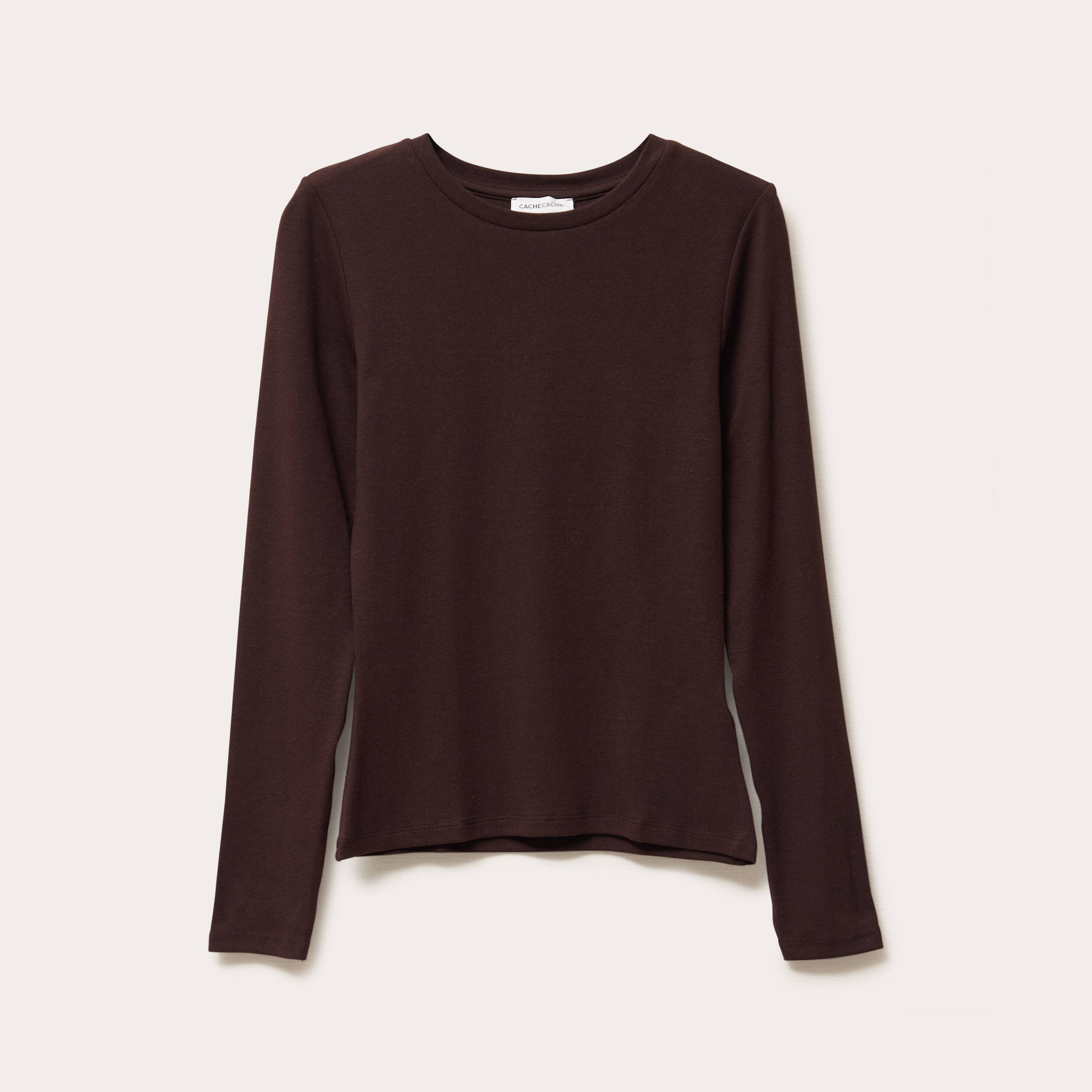 T-shirt cintr&eacute; col rond manches longues marron fonc&eacute; femme