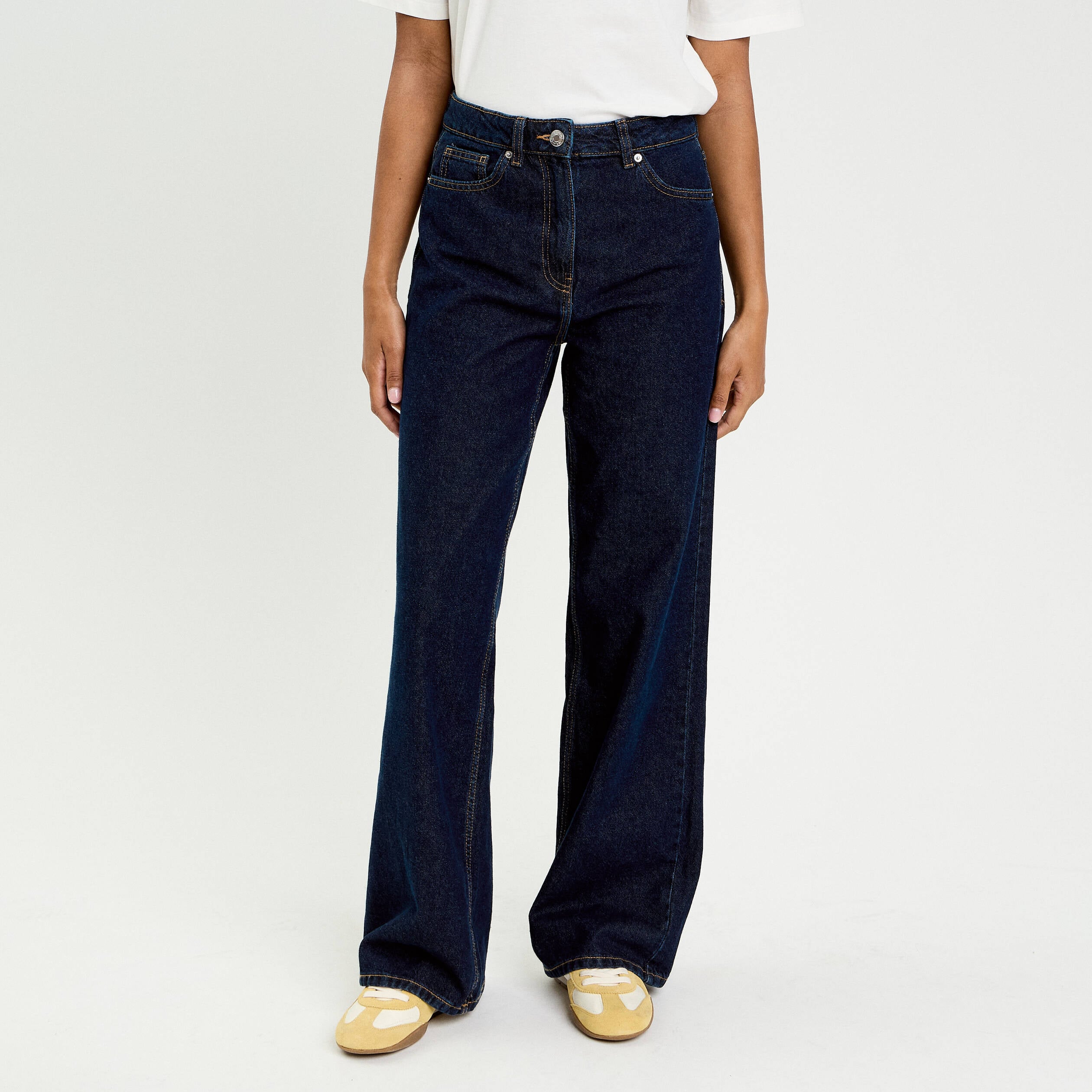 Jeans wide leg taille haute denim blue black femme