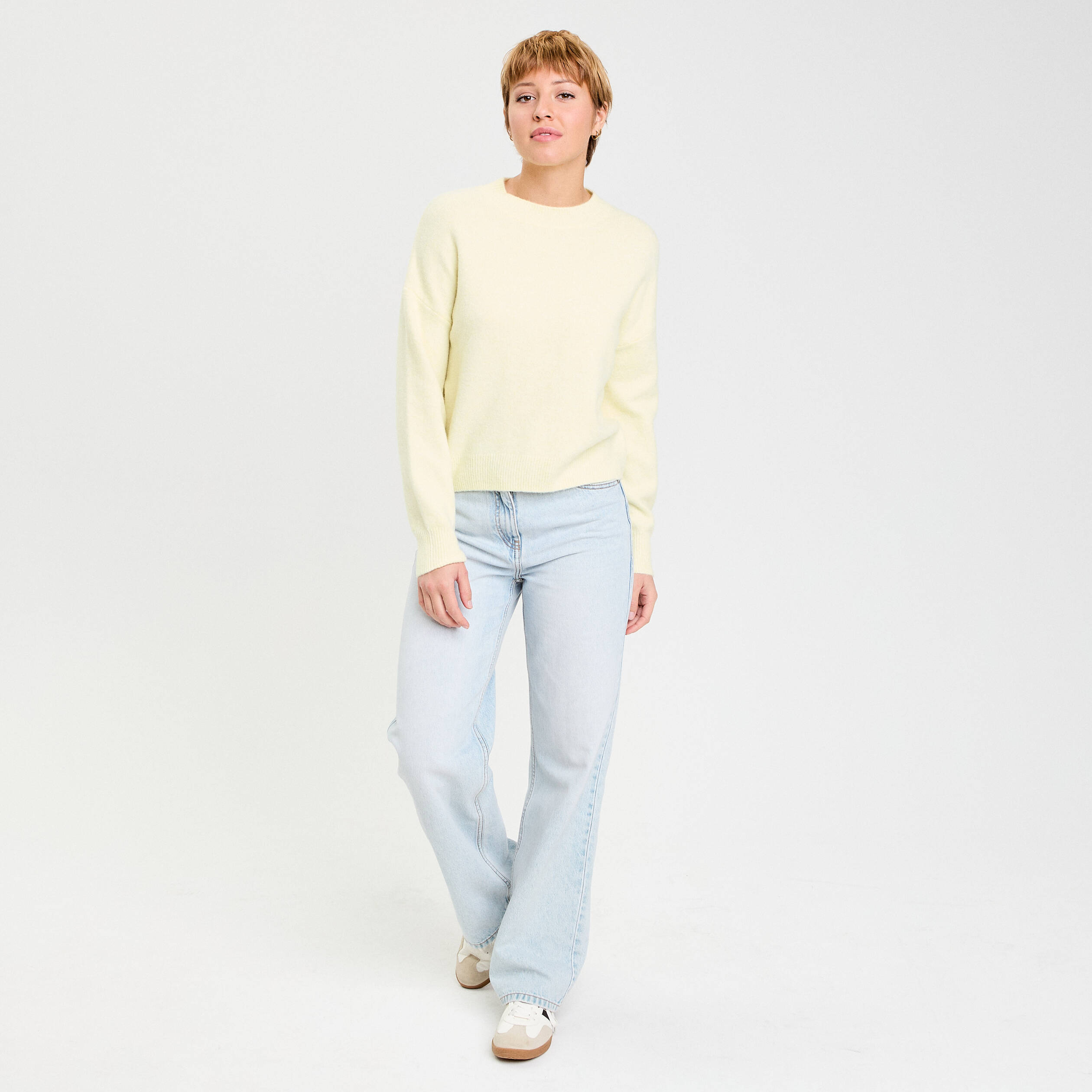 Pull col rond jaune clair femme