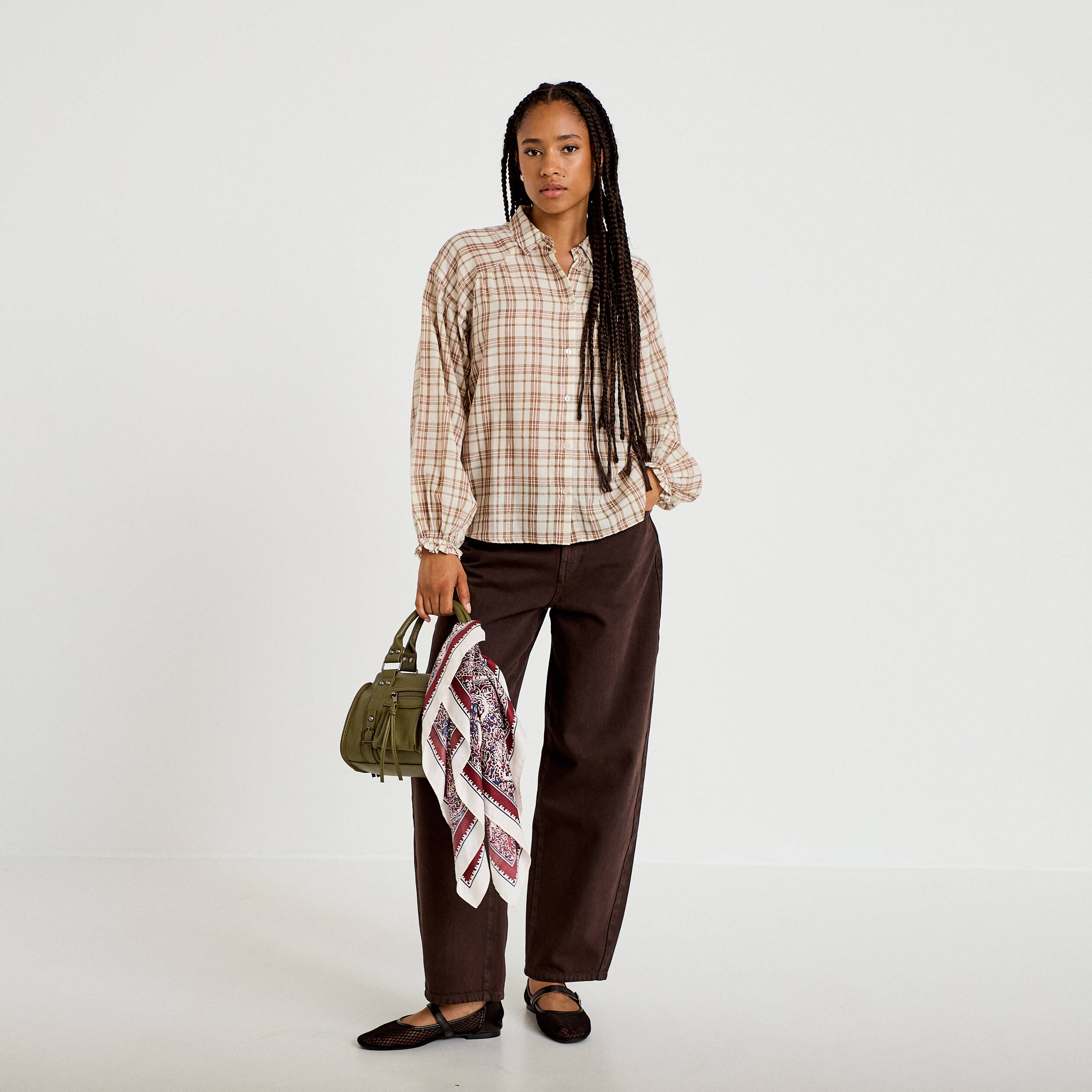 Chemise coupe ample manches longues marron femme