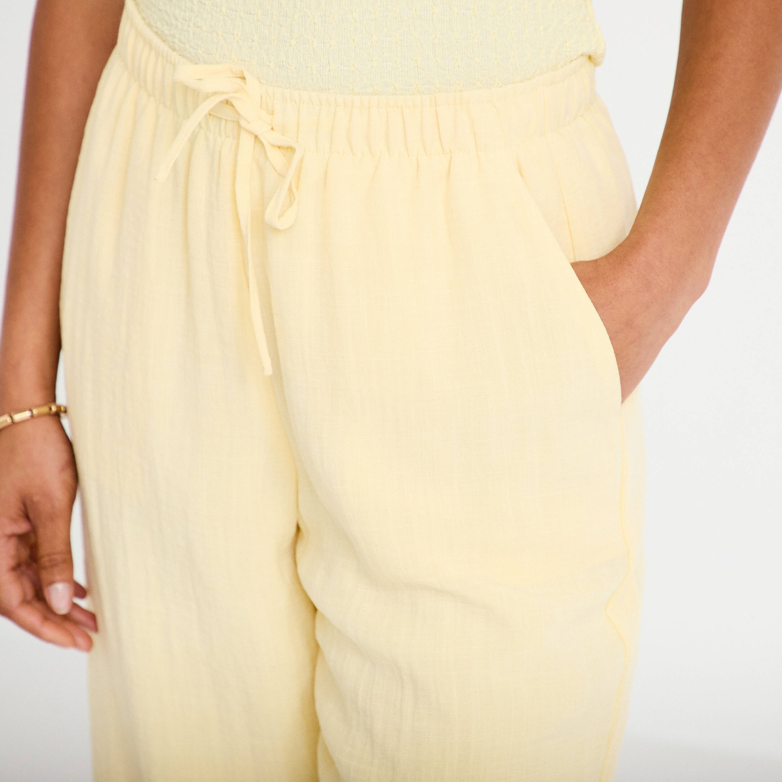 Pantalon large fluide taille &eacute;lastiqu&eacute;e jaune pastel femme