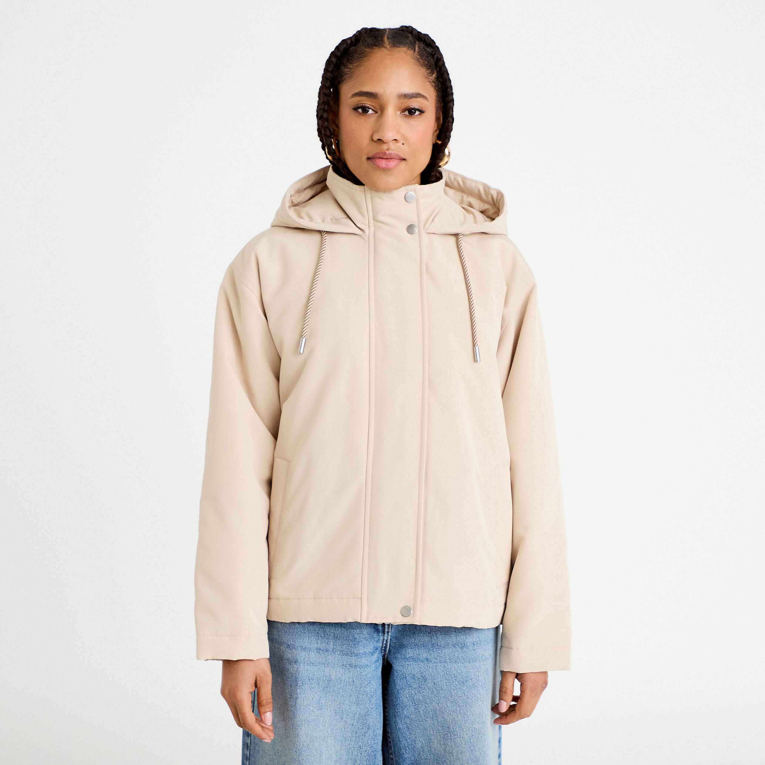 Parka courte &agrave; capuche manches longues beige femme