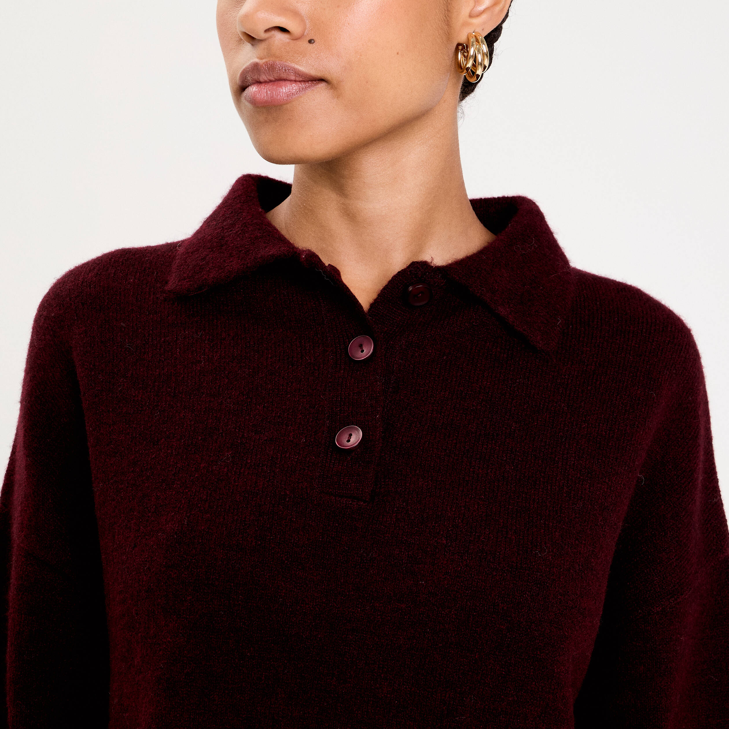 Polo manches longues col chemise violet fonc&eacute; femme