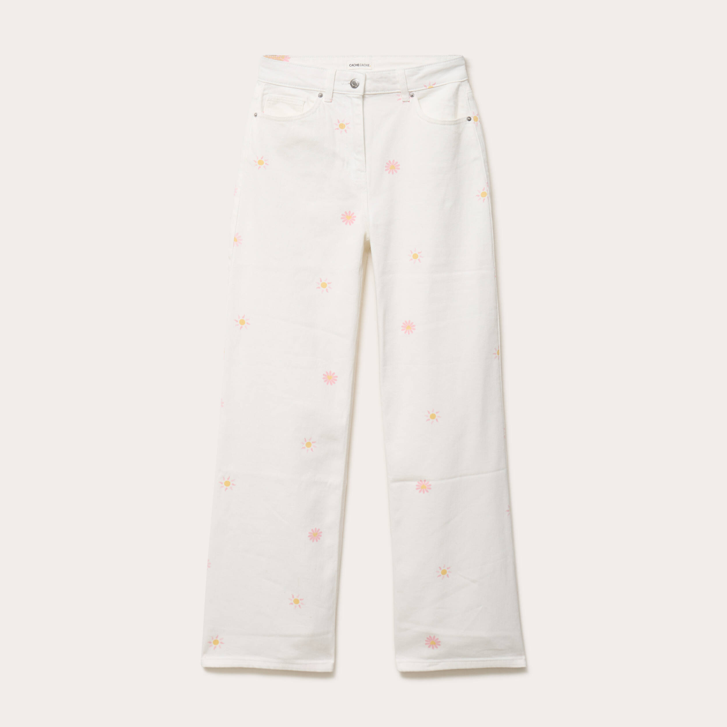 Jean wide leg taille haute &agrave; motif blanc femme