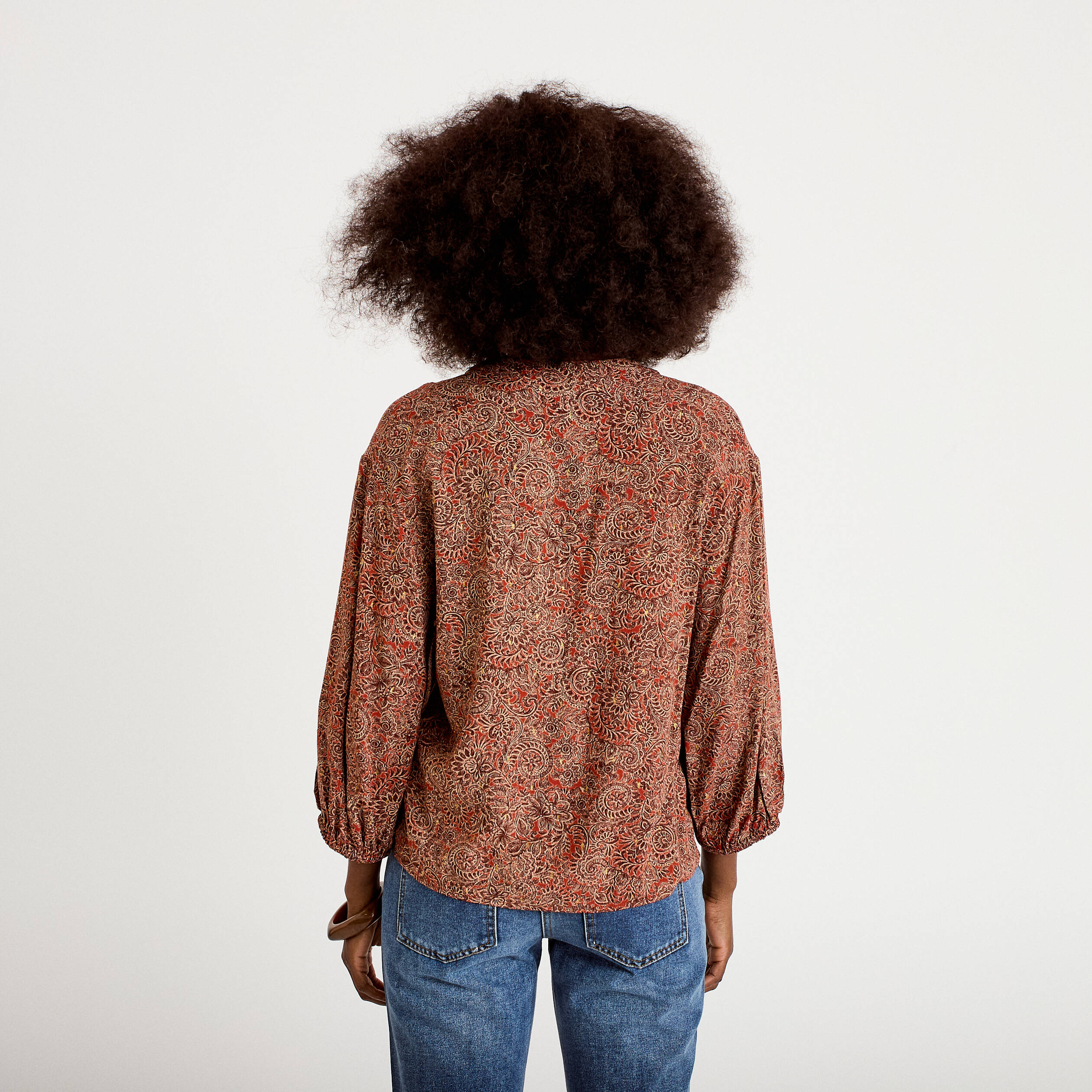 Blouse col v manches longues rouge fonc&eacute; femme